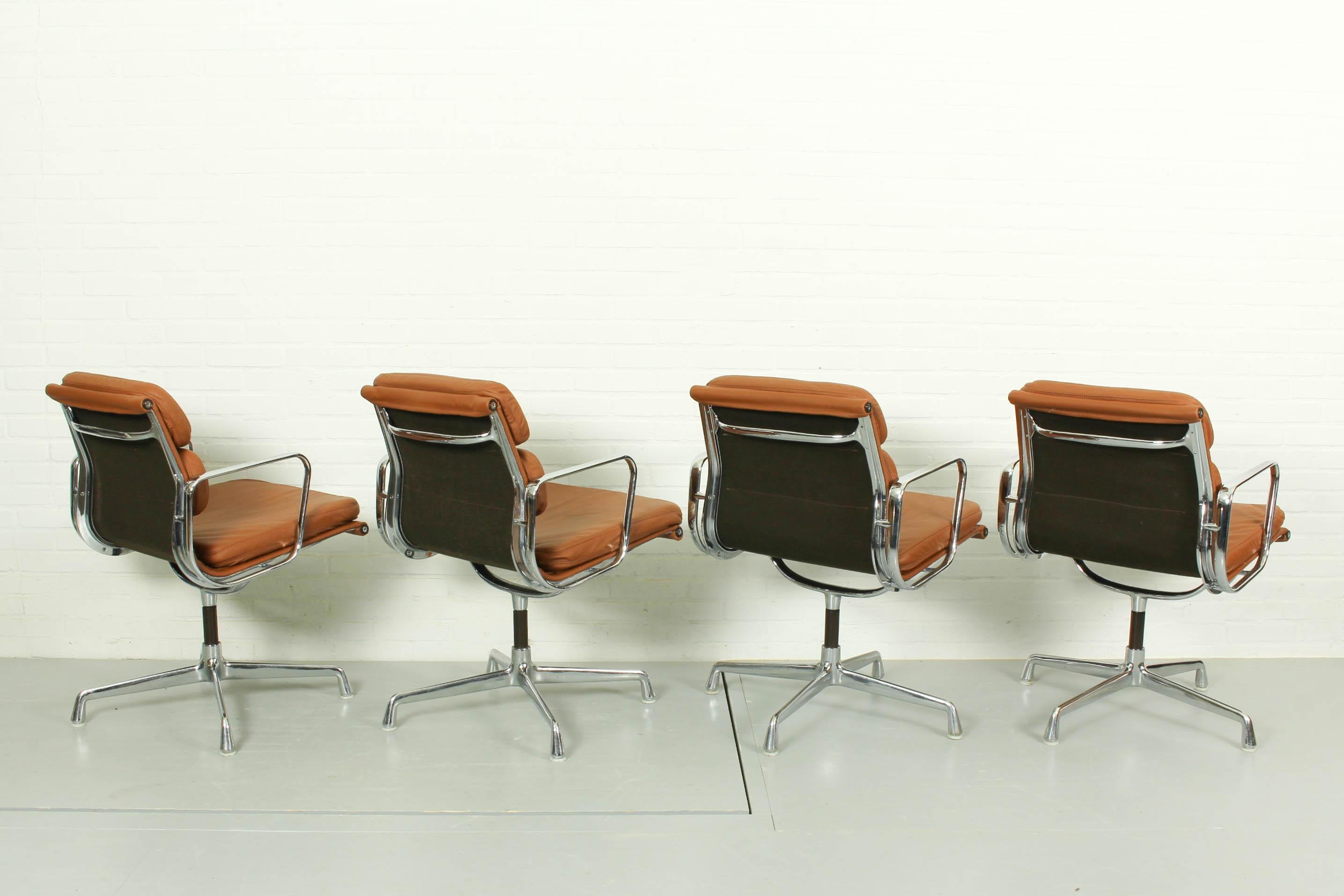Aluminum 4 Vintage Cognac Leather EA208 Soft Pad Chairs Charles Ray Eames for Vitra 1970s
