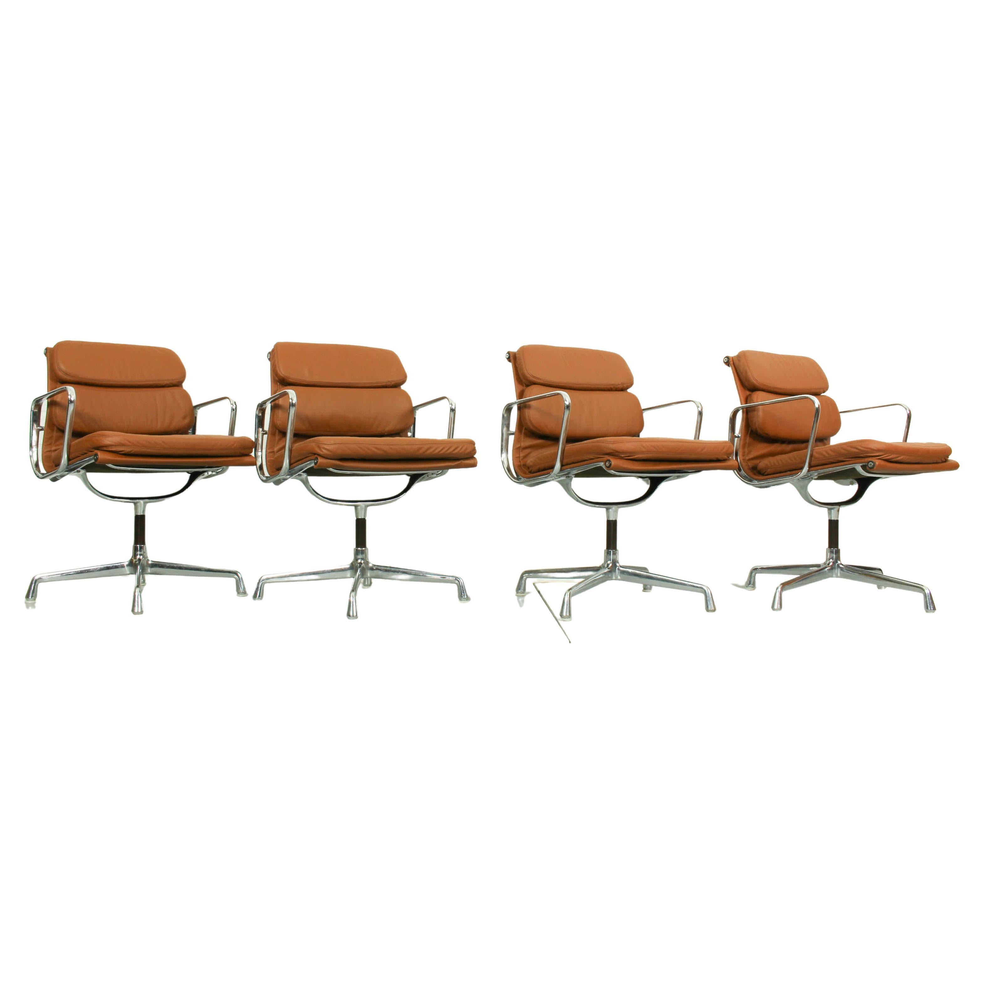 4 Vintage Cognac Leather EA208 Soft Pad Chairs Charles Ray Eames for Vitra 1970s