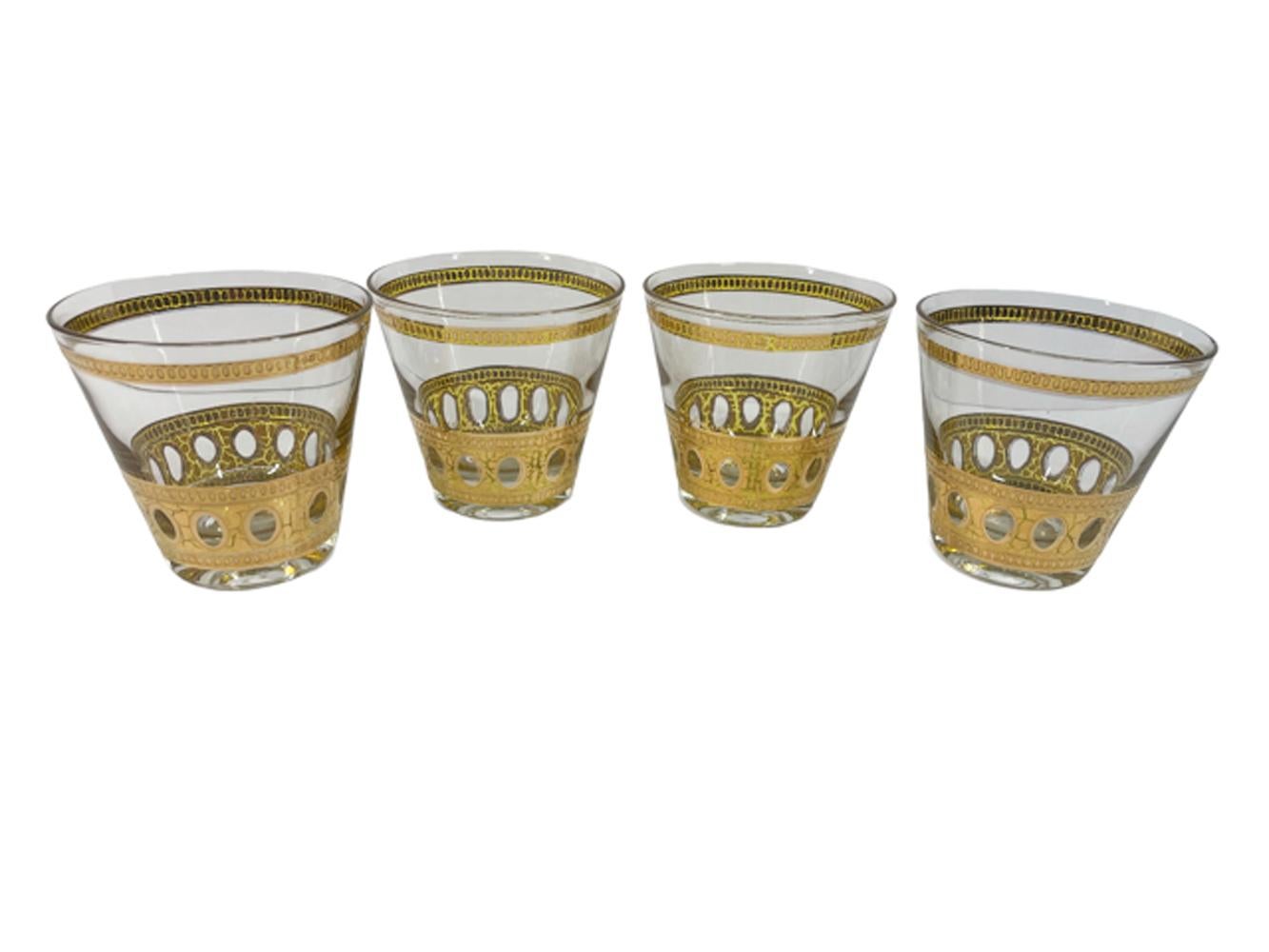 Mid-Century Modern 4 Vintage Culver LTD Old Fashioned Glasses in the 22 Karat Gold Antigua Pattern For Sale