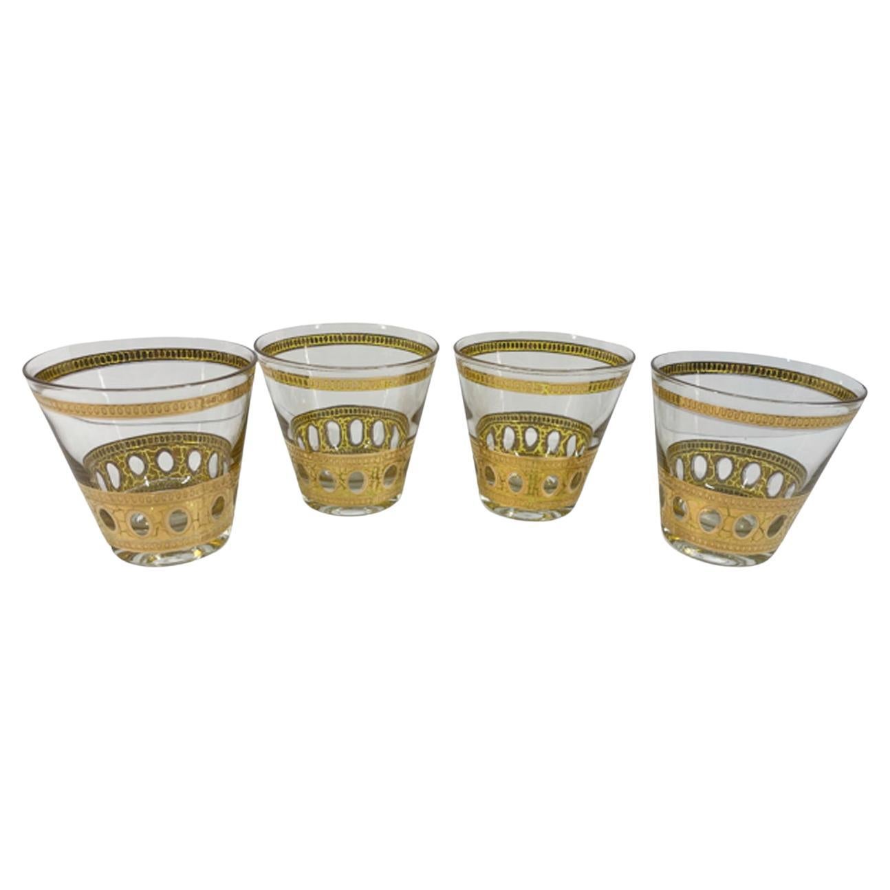 4 Vintage Culver LTD Old Fashioned Gläser in 22 Karat Gold mit Antigua-Muster im Angebot