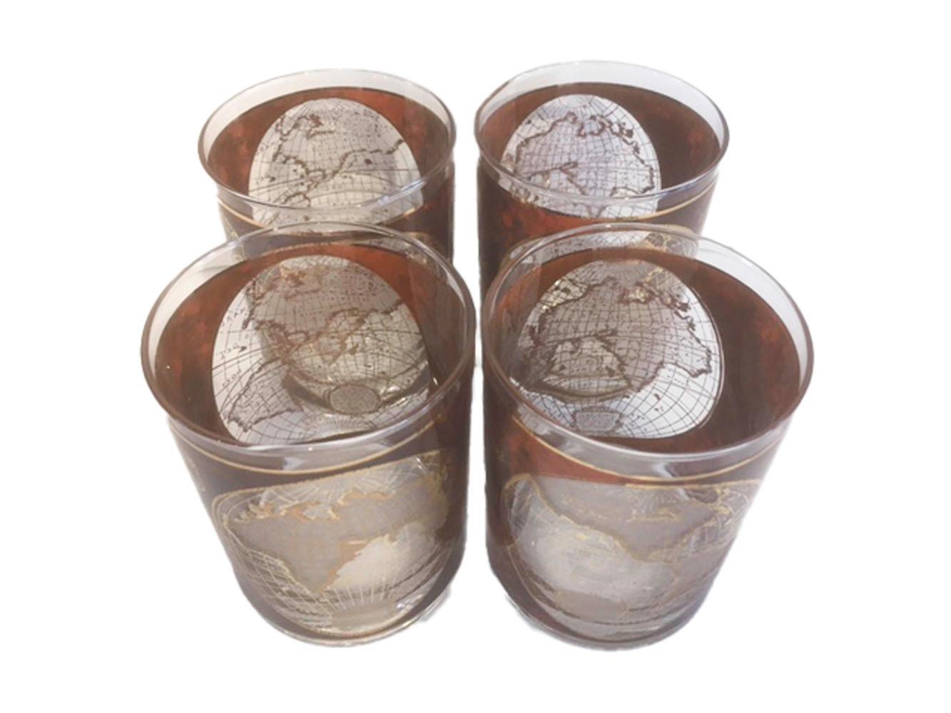 4 Vintage Culver, Terrarum Orbis Geographica Double Rocks Glasses In Good Condition For Sale In Nantucket, MA