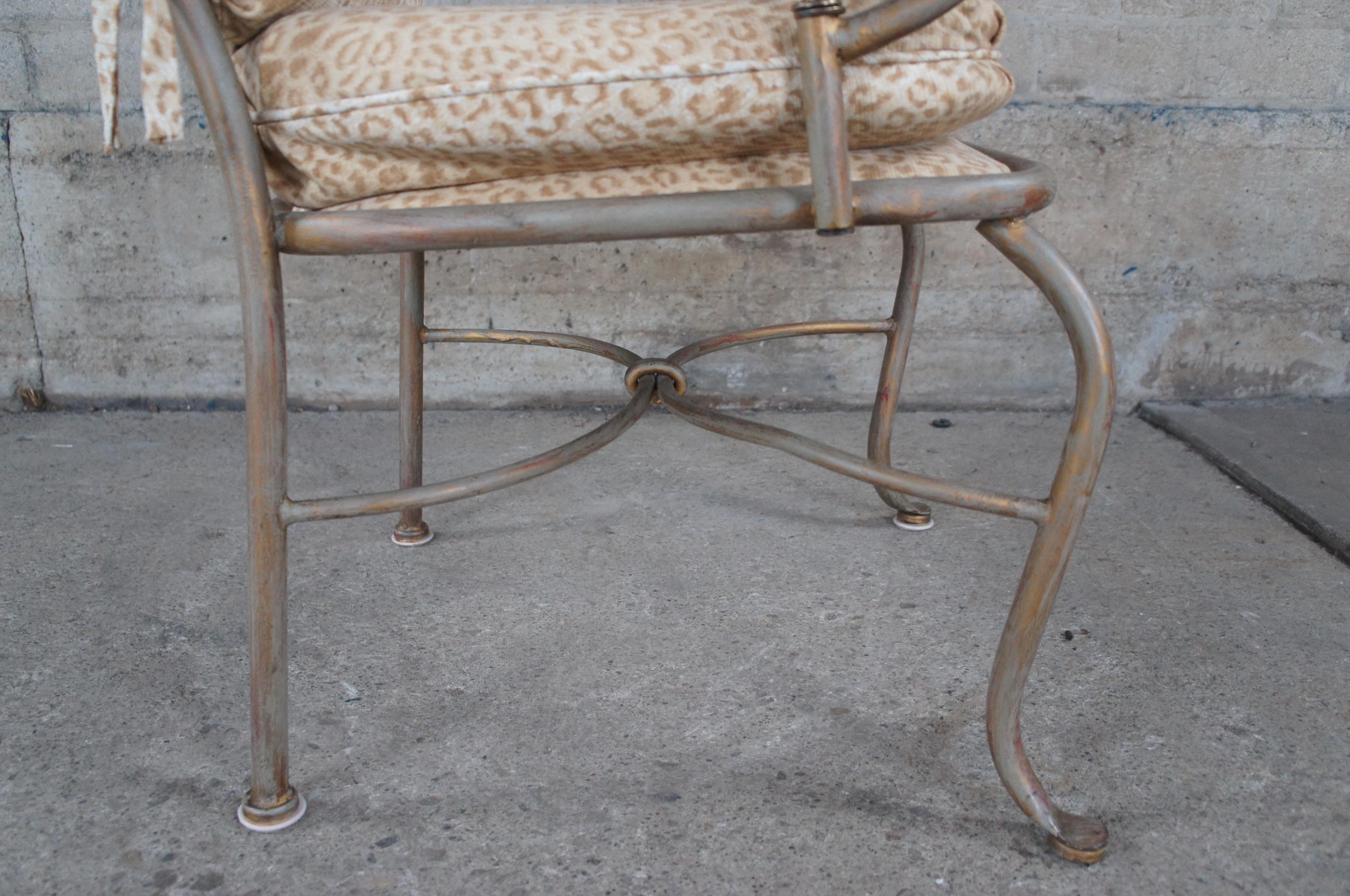 4 Vintage French Country Iron Leopard Print Bistro Patio Dining Arm Chairs  For Sale 5
