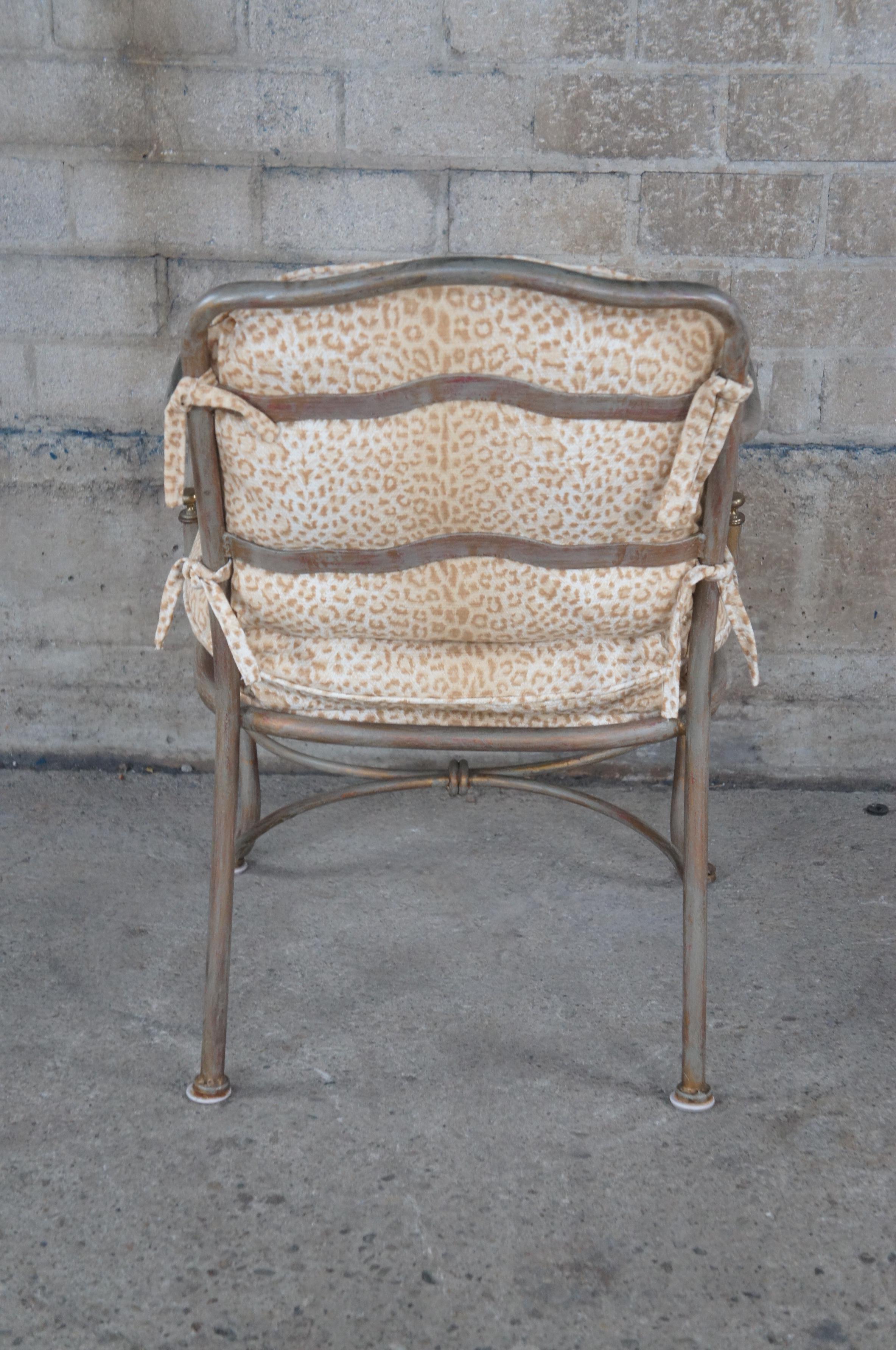 Upholstery 4 Vintage French Country Iron Leopard Print Bistro Patio Dining Arm Chairs  For Sale