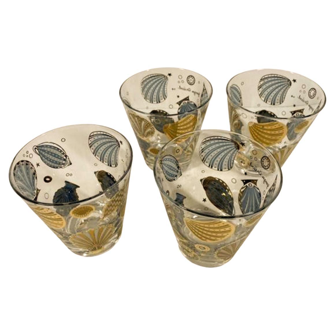 4 Vintage Gold Georges Briard „Seascape“ Doppelte Old Fashioned-Gläser, Gold im Angebot