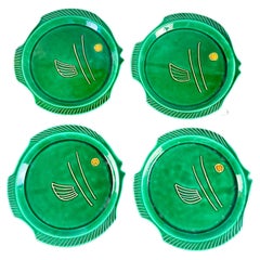 4 Retro green ceramic fish plates - 1970 - France