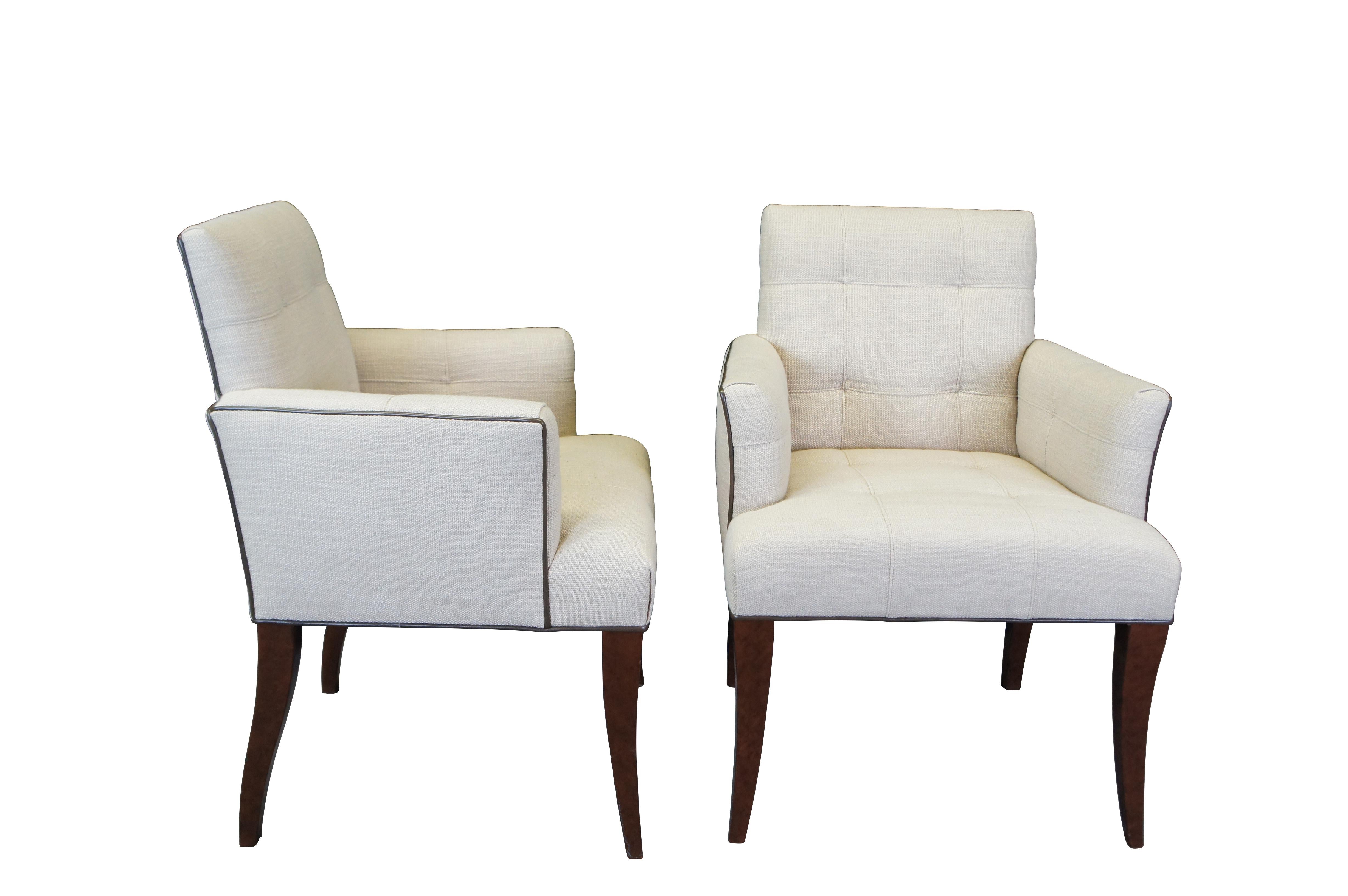 Set of four vintage Jessica Charles for Hickory Chair Co Mann half arm dining chairs featuring a slightly flared form with tufted upholstery, half arms and tapered legs. 


Dimensions:

25