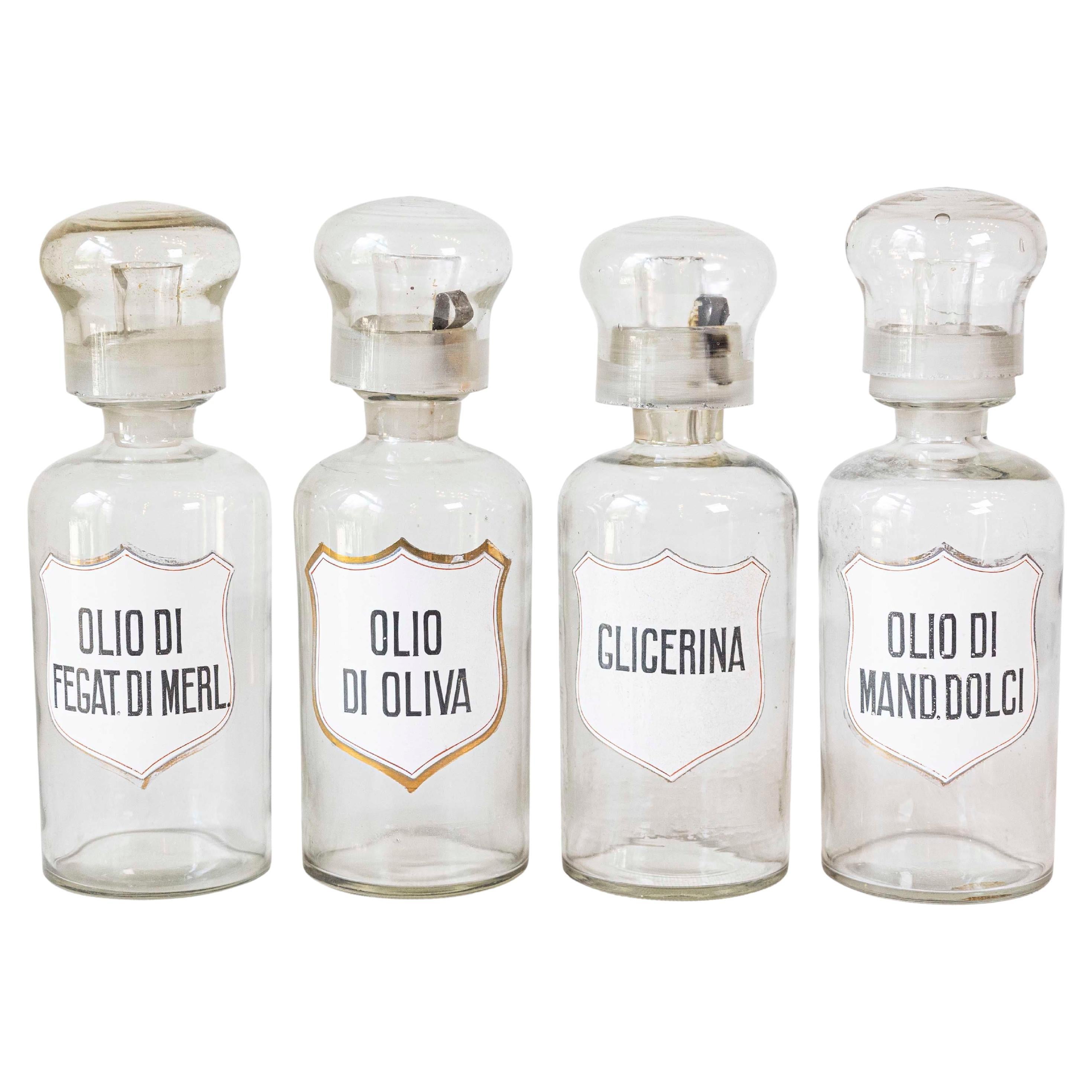 4 Barattoli da farmacia in vetro italiano vintage con etichette, venduti ciascuno