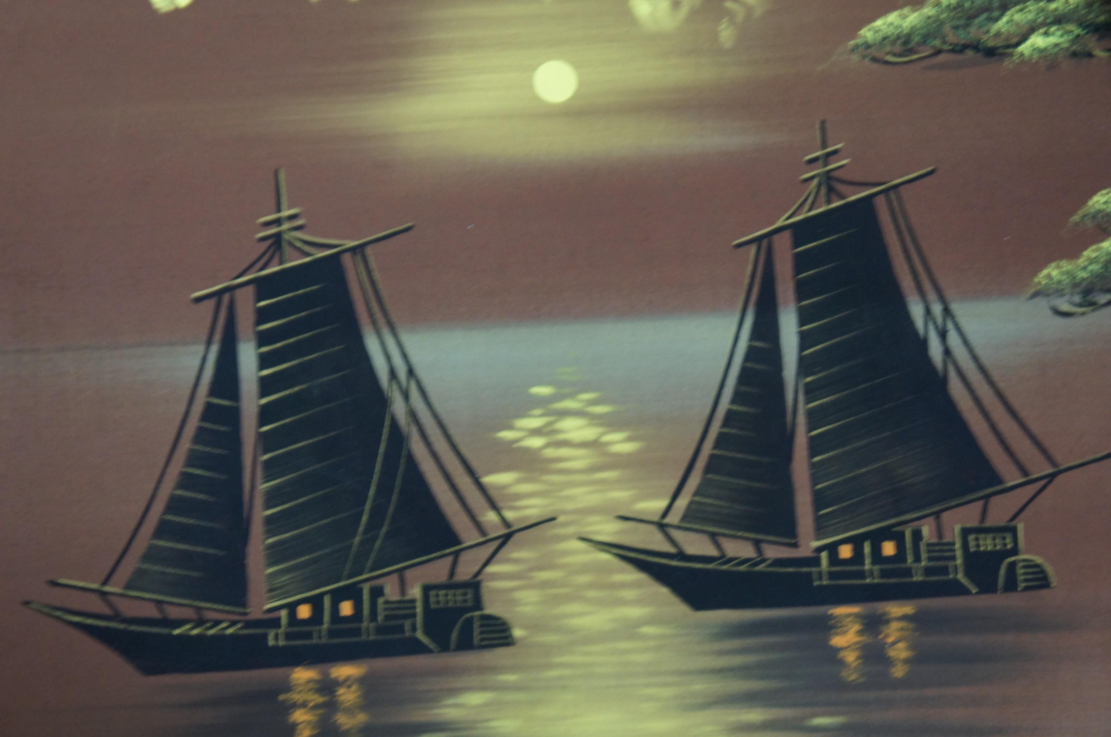 4 Vintage Japanese Watercolor Paintings on Silk Geisha Seascape Landscape Boats For Sale 6