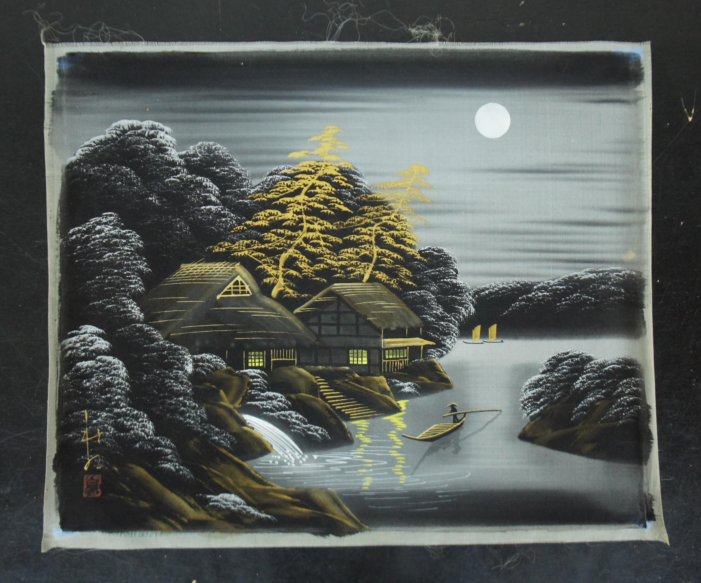 20ième siècle 4 Aquarelles japonaises vintage sur soie Geisha - Paysage marin - Boîtes en vente