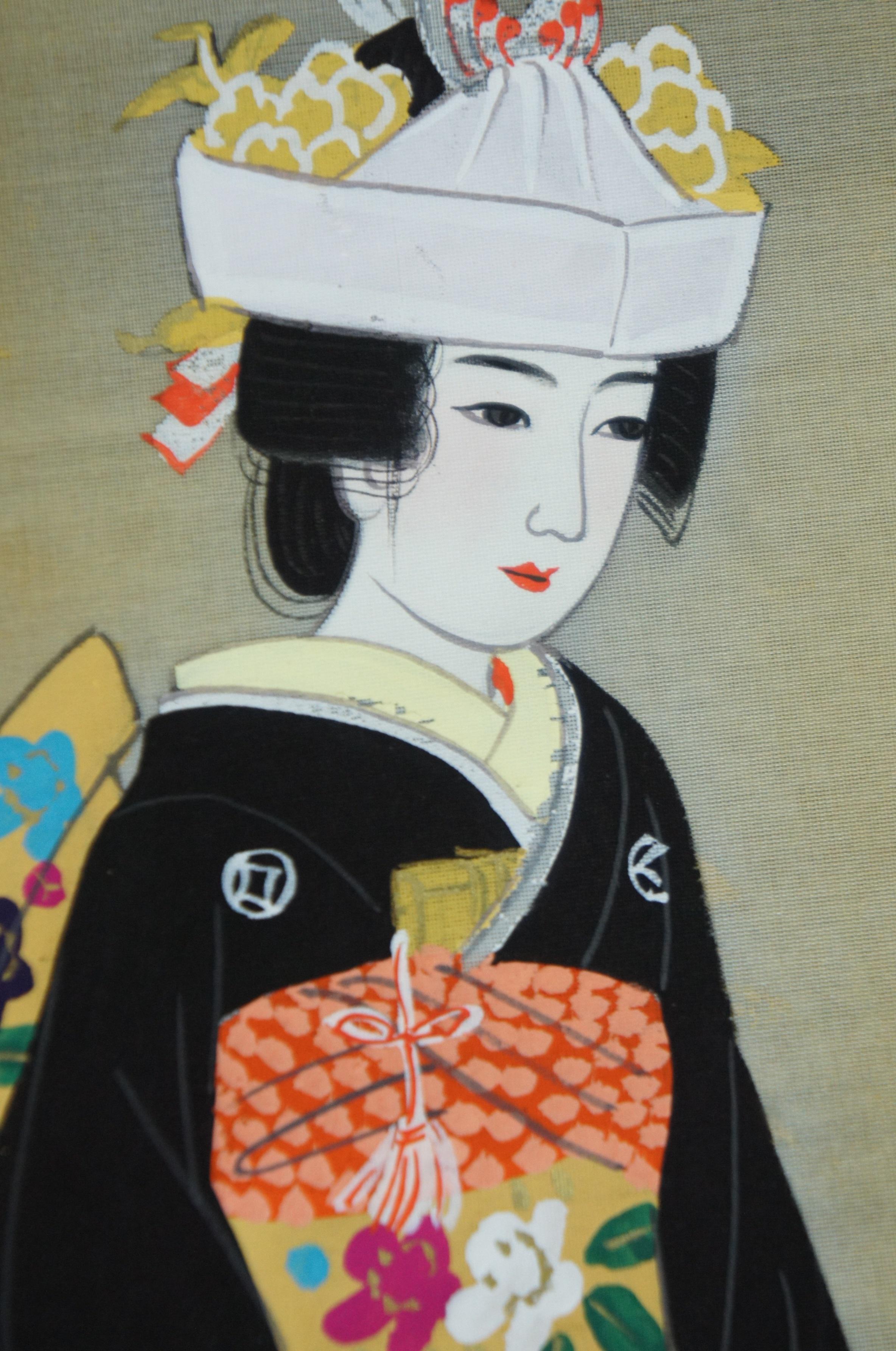 4 Aquarelles japonaises vintage sur soie Geisha - Paysage marin - Boîtes en vente 2