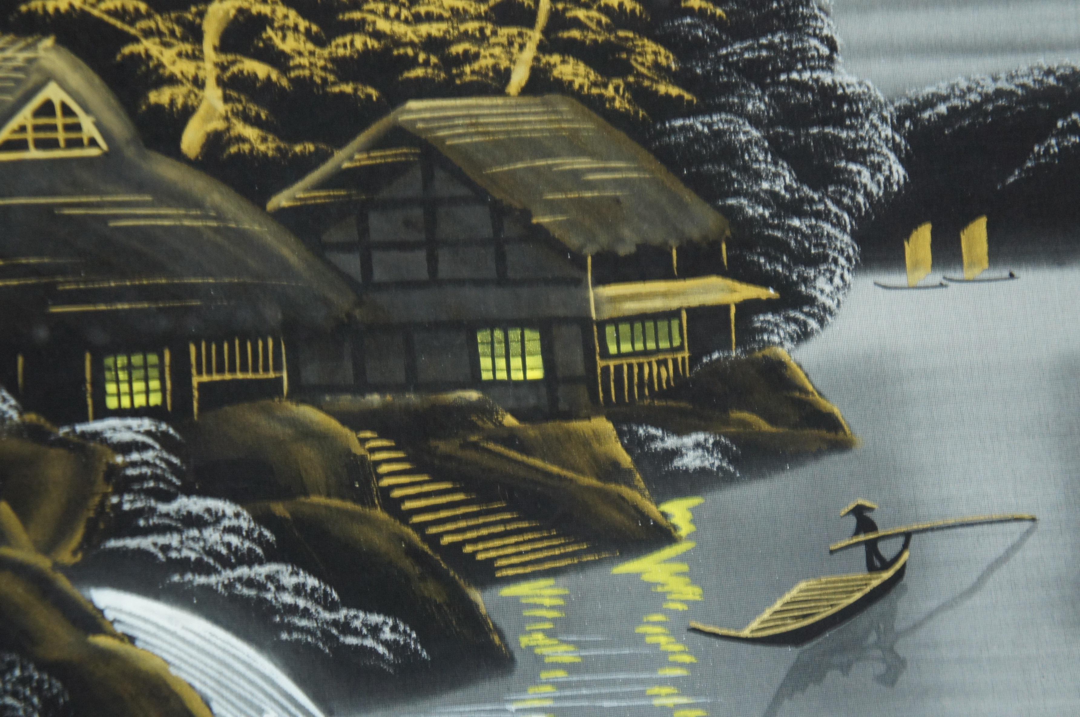 4 Vintage Japanese Watercolor Paintings on Silk Geisha Seascape Landscape Boats For Sale 4