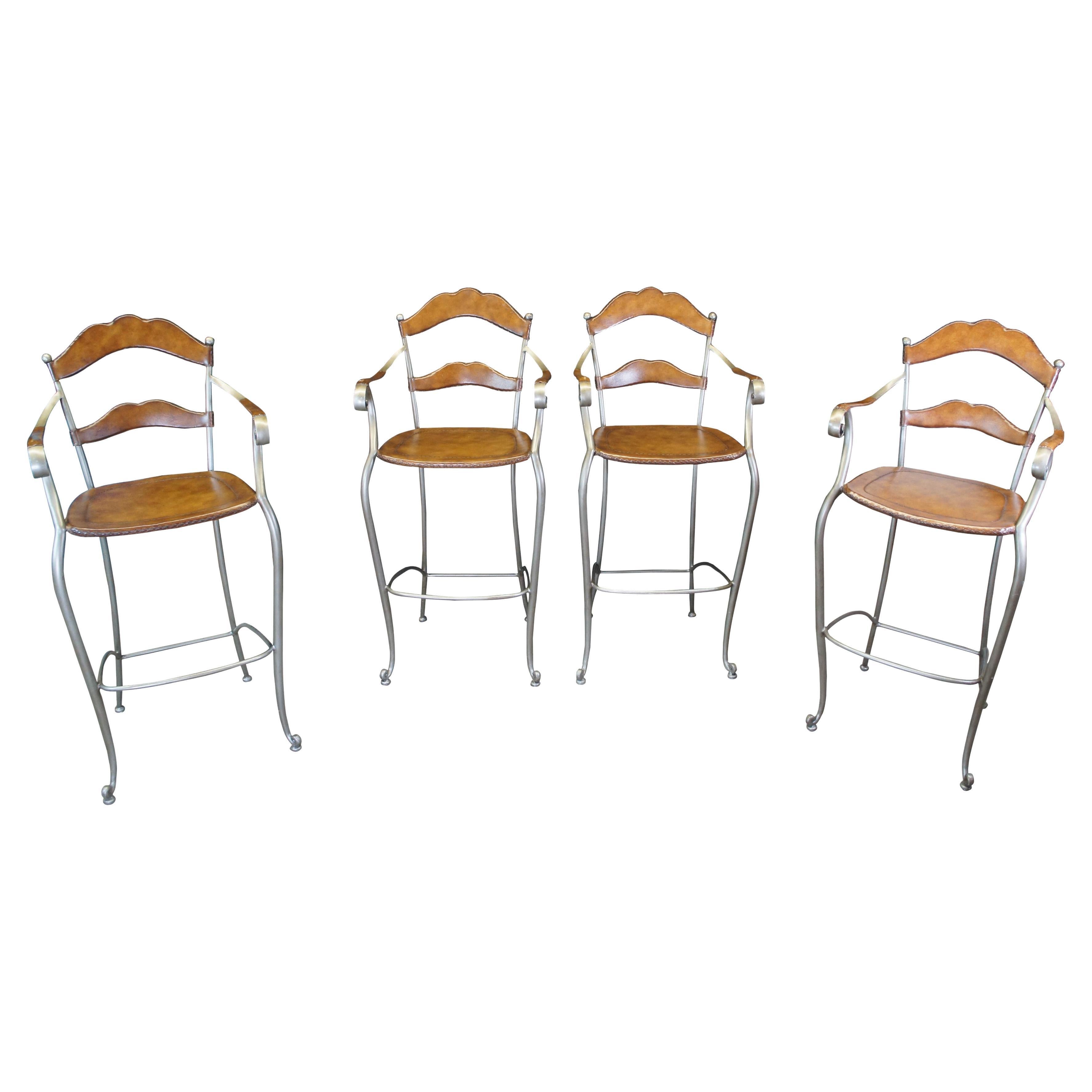 4 Vintage Leather & Iron Rustic Modern Counter Height Ladderback Bar Stools For Sale