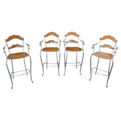 4 Vintage Leather & Iron Rustic Modern Counter Height Ladderback Bar Stools
