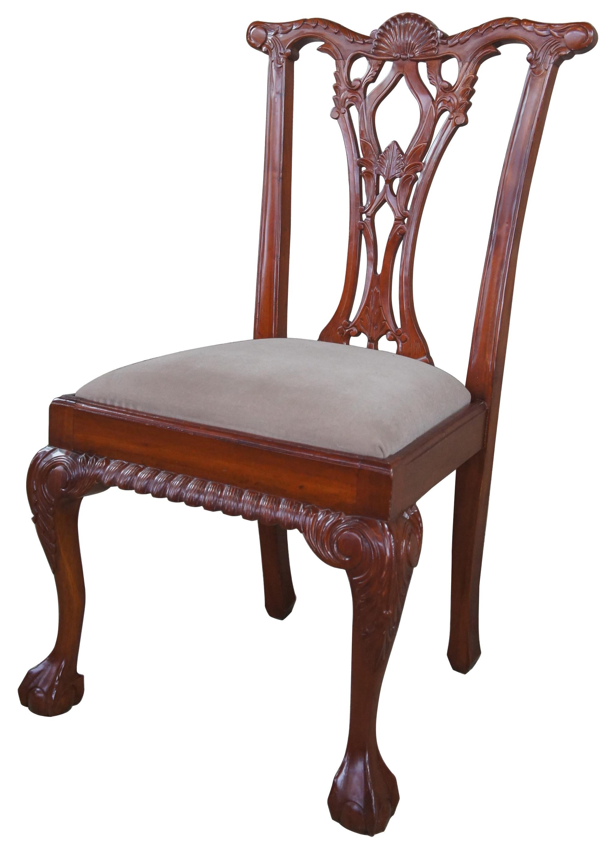 4 Vintage Mahogany Carved Chippendale Style Side Dining Chairs Ball & Claw Suede In Good Condition In Dayton, OH