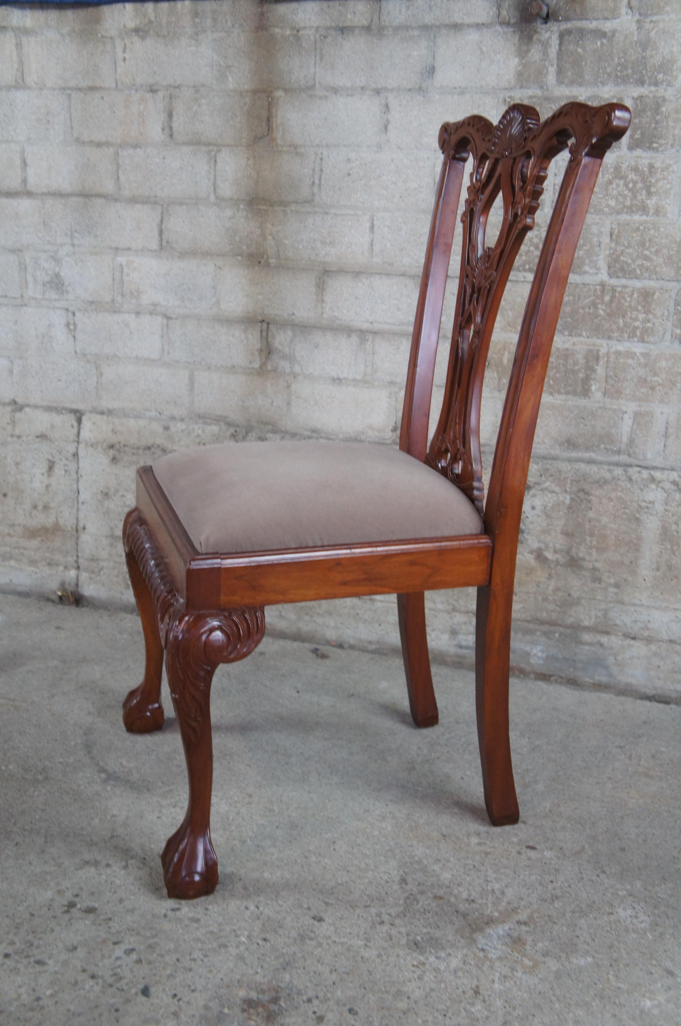 20th Century 4 Vintage Mahogany Carved Chippendale Style Side Dining Chairs Ball & Claw Suede