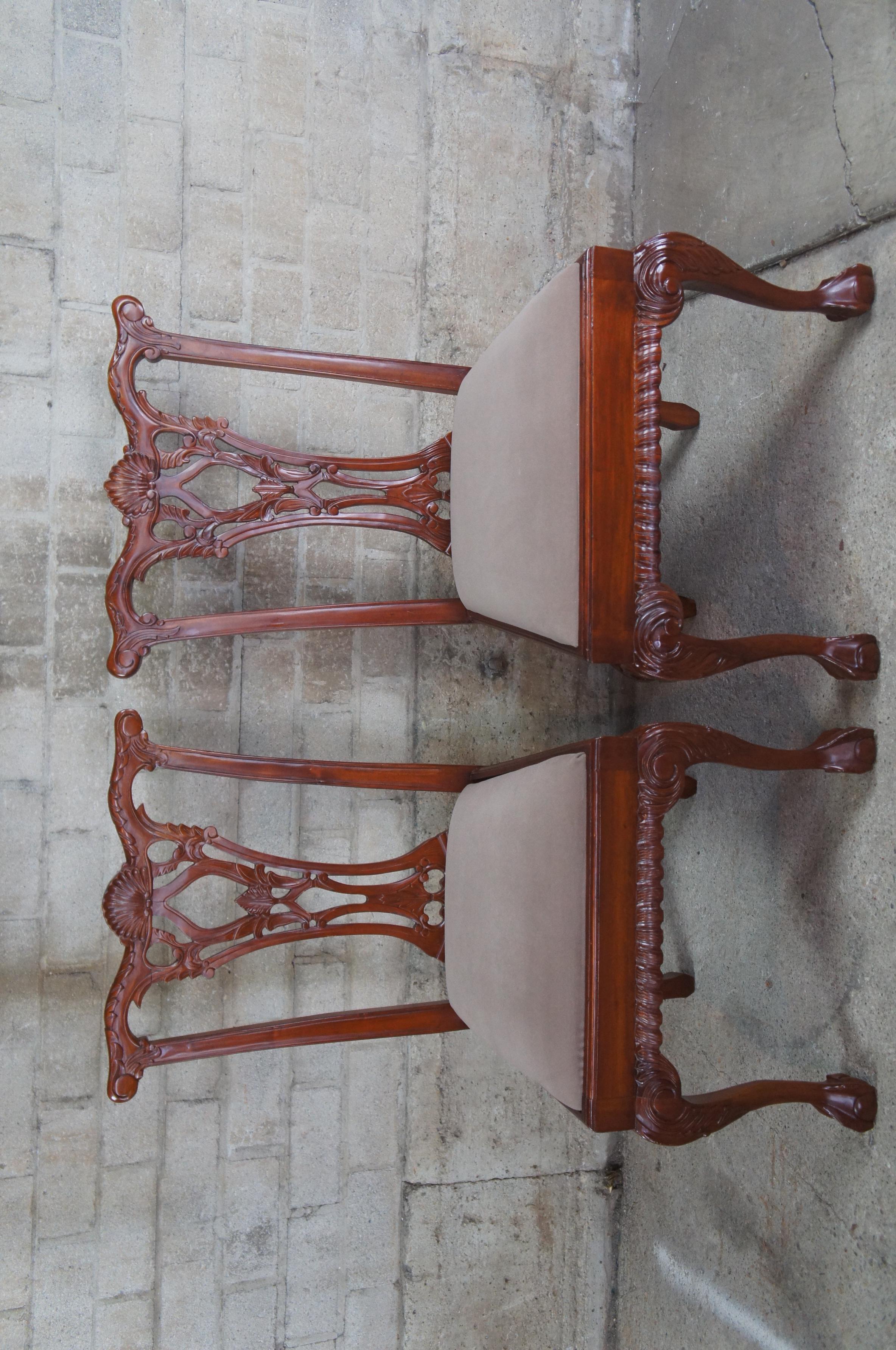 4 Vintage Mahogany Carved Chippendale Style Side Dining Chairs Ball & Claw Suede 2