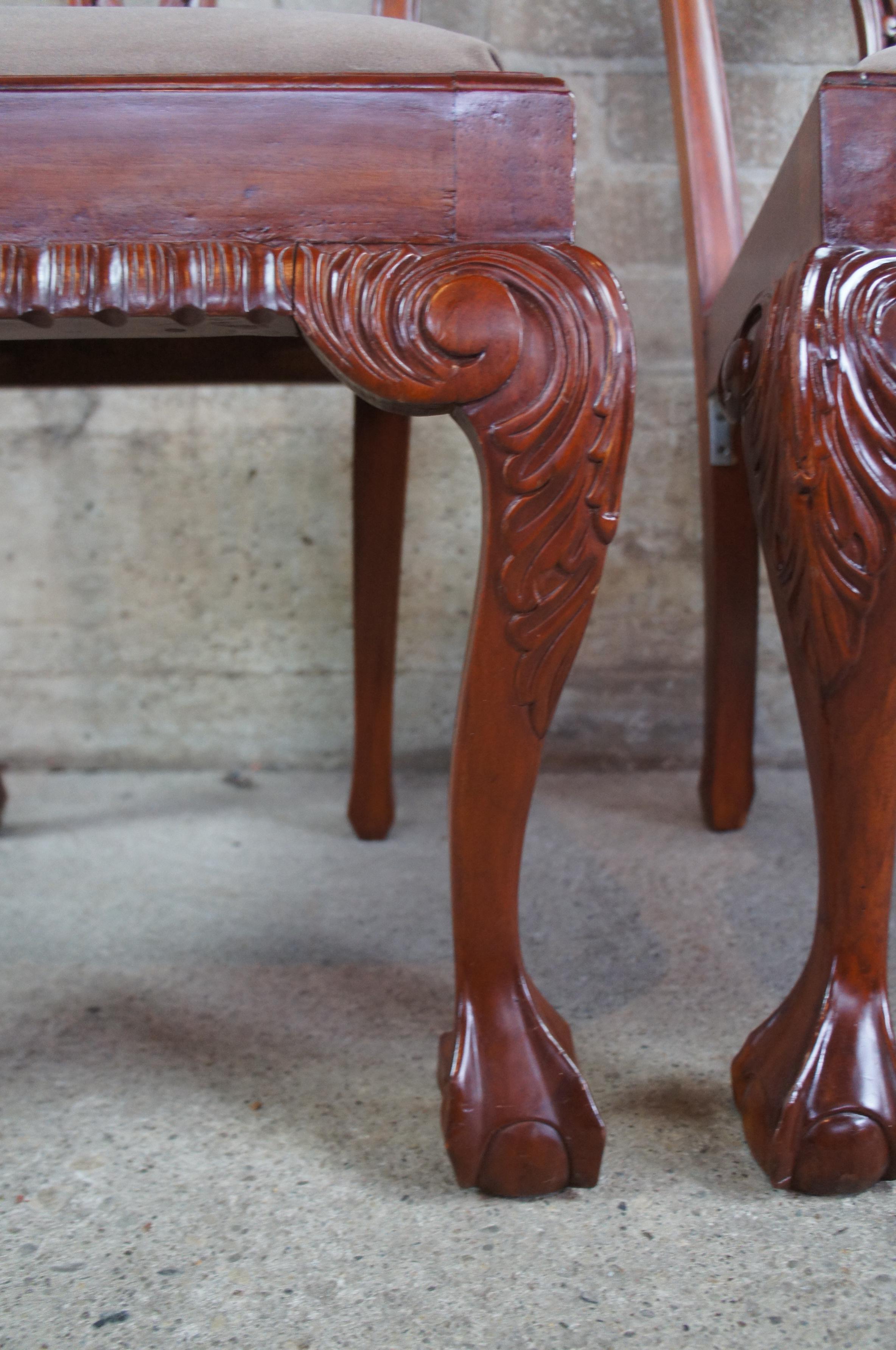 4 Vintage Mahogany Carved Chippendale Style Side Dining Chairs Ball & Claw Suede 5