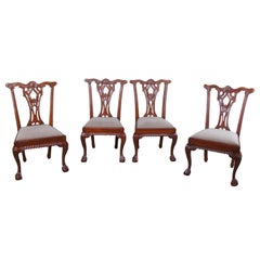 4 Vintage Mahogany Carved Chippendale Style Side Dining Chairs Ball & Claw Suede