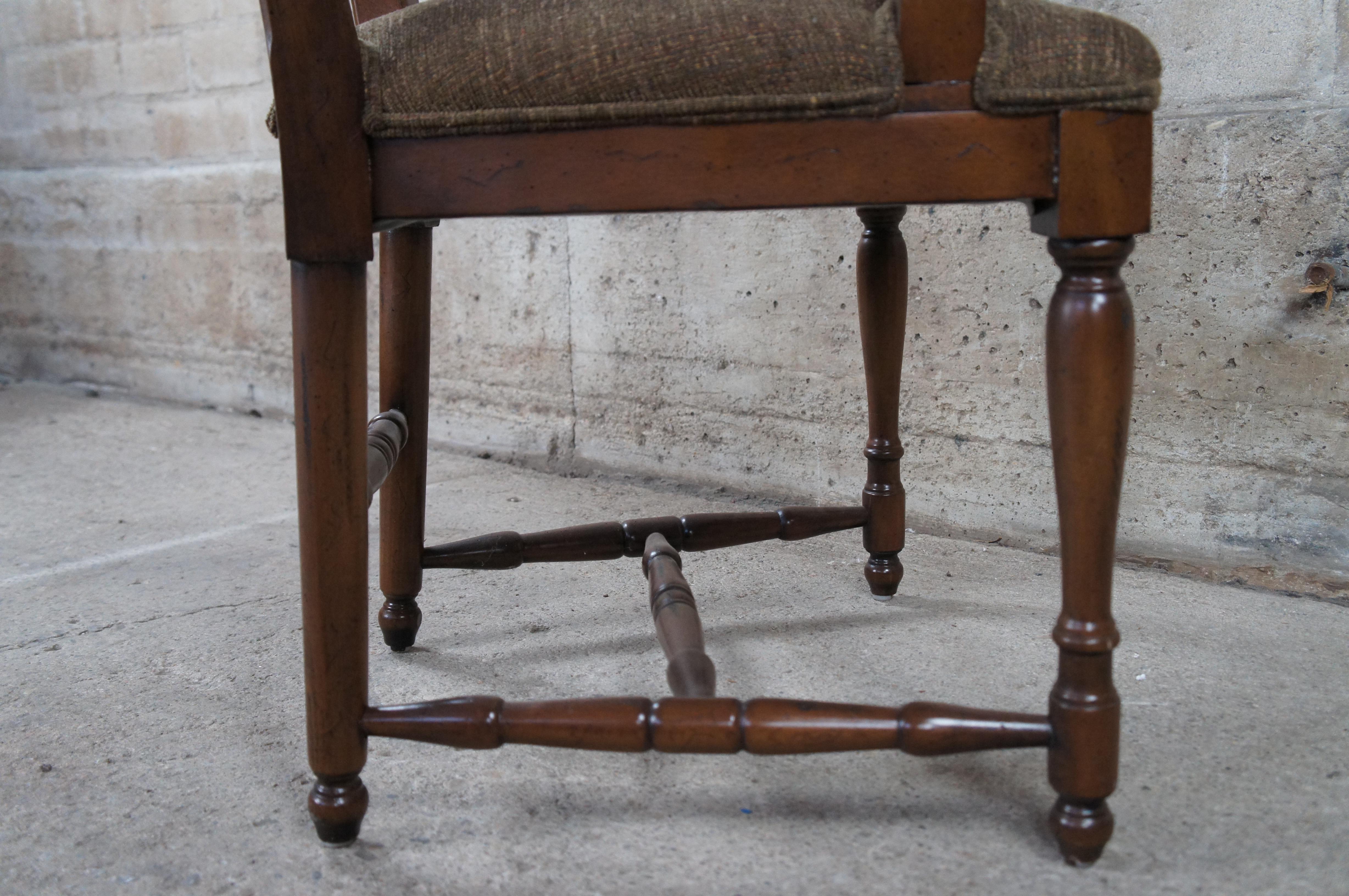 4 Vintage Oak Country French Farmhouse Ladderback Upholstered Dining Arm Chairs For Sale 5