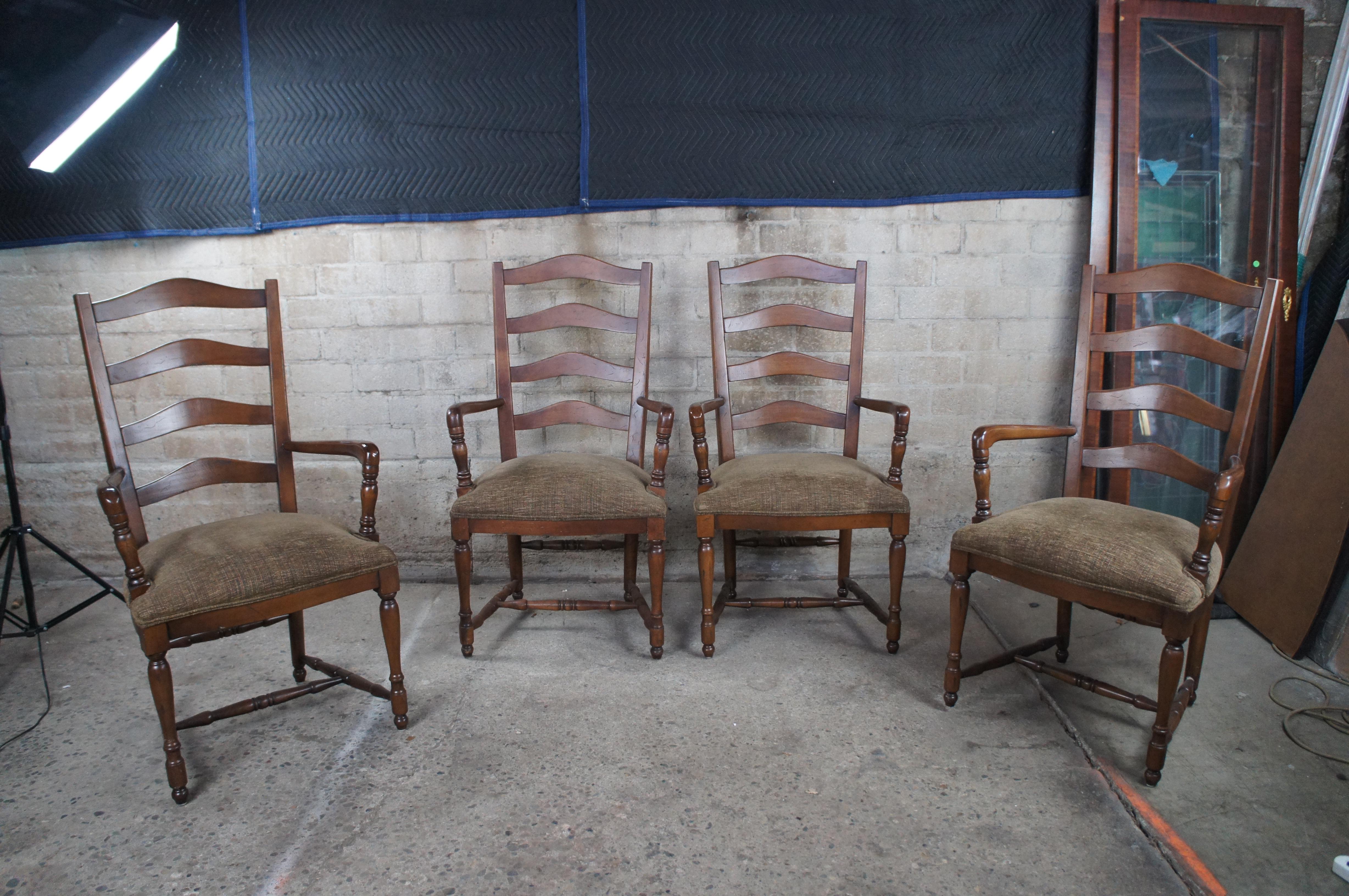 4 Vintage Oak Country French Farmhouse Ladderback Upholstered Dining Arm Chairs  For Sale 7
