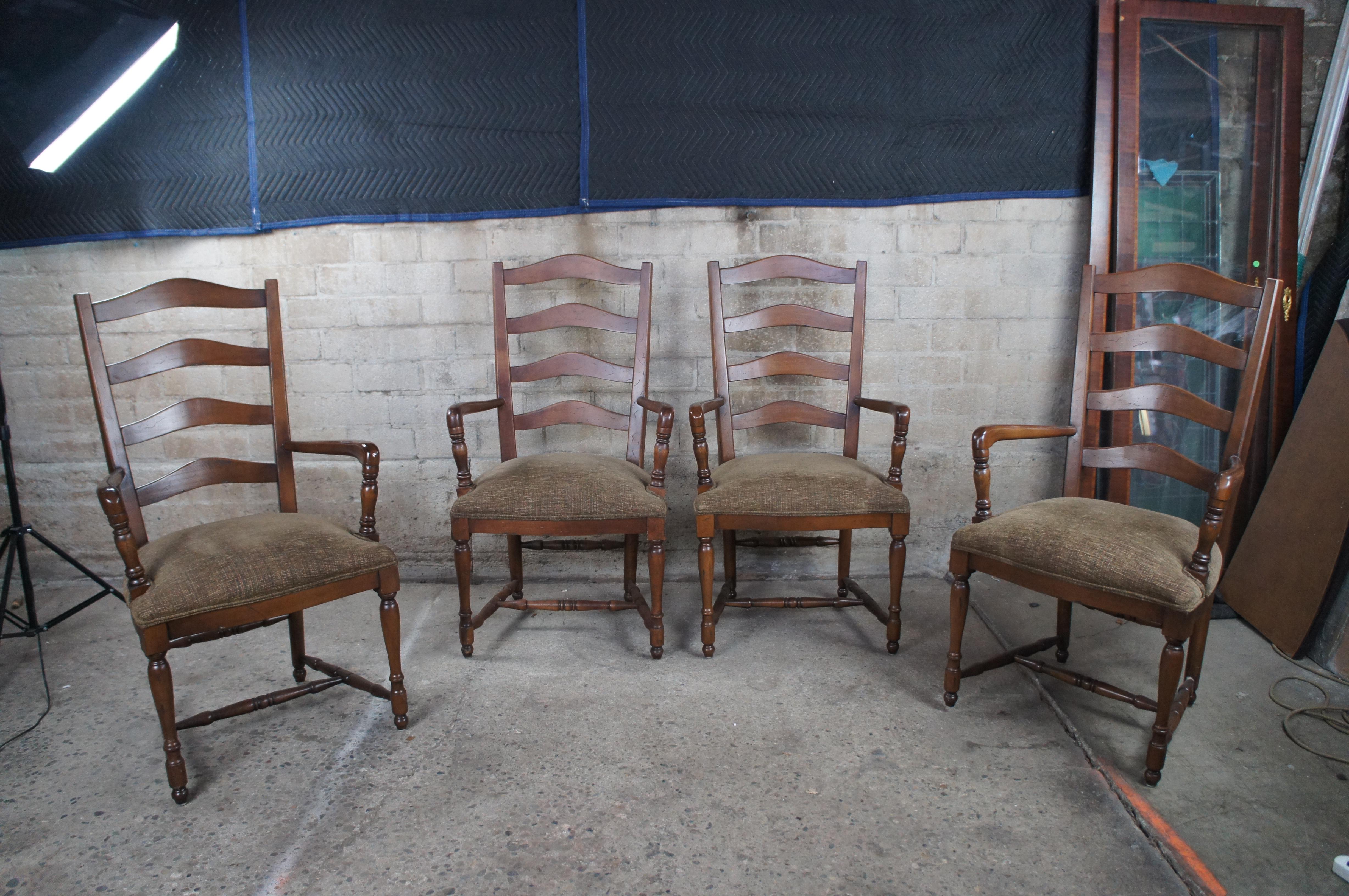 4 Vintage Oak Country French Farmhouse Ladderback Upholstered Dining Arm Chairs For Sale 7