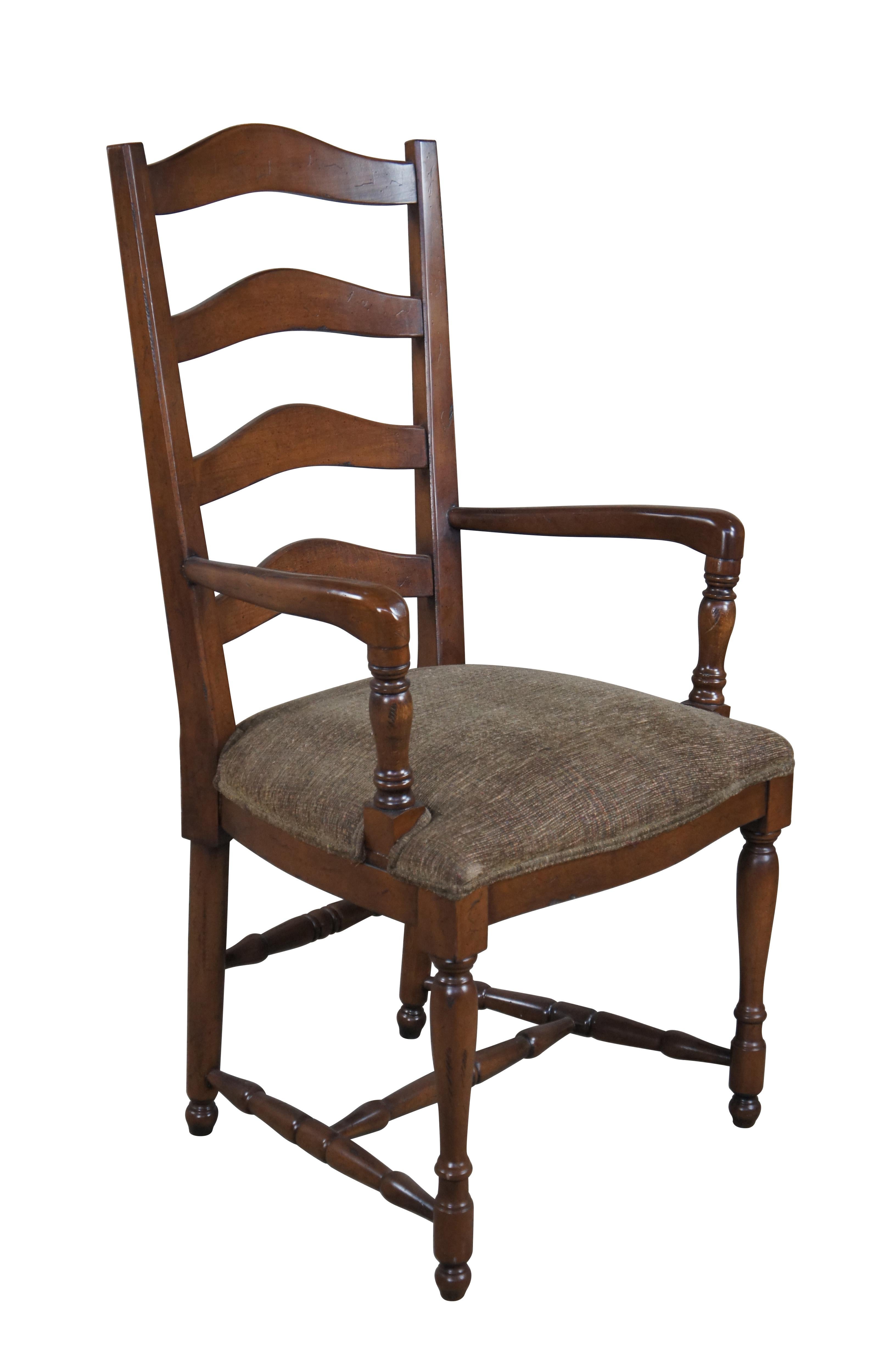 4 Vintage Oak Country French Farmhouse Ladderback Upholstered Dining Arm Chairs In Good Condition For Sale In Dayton, OH