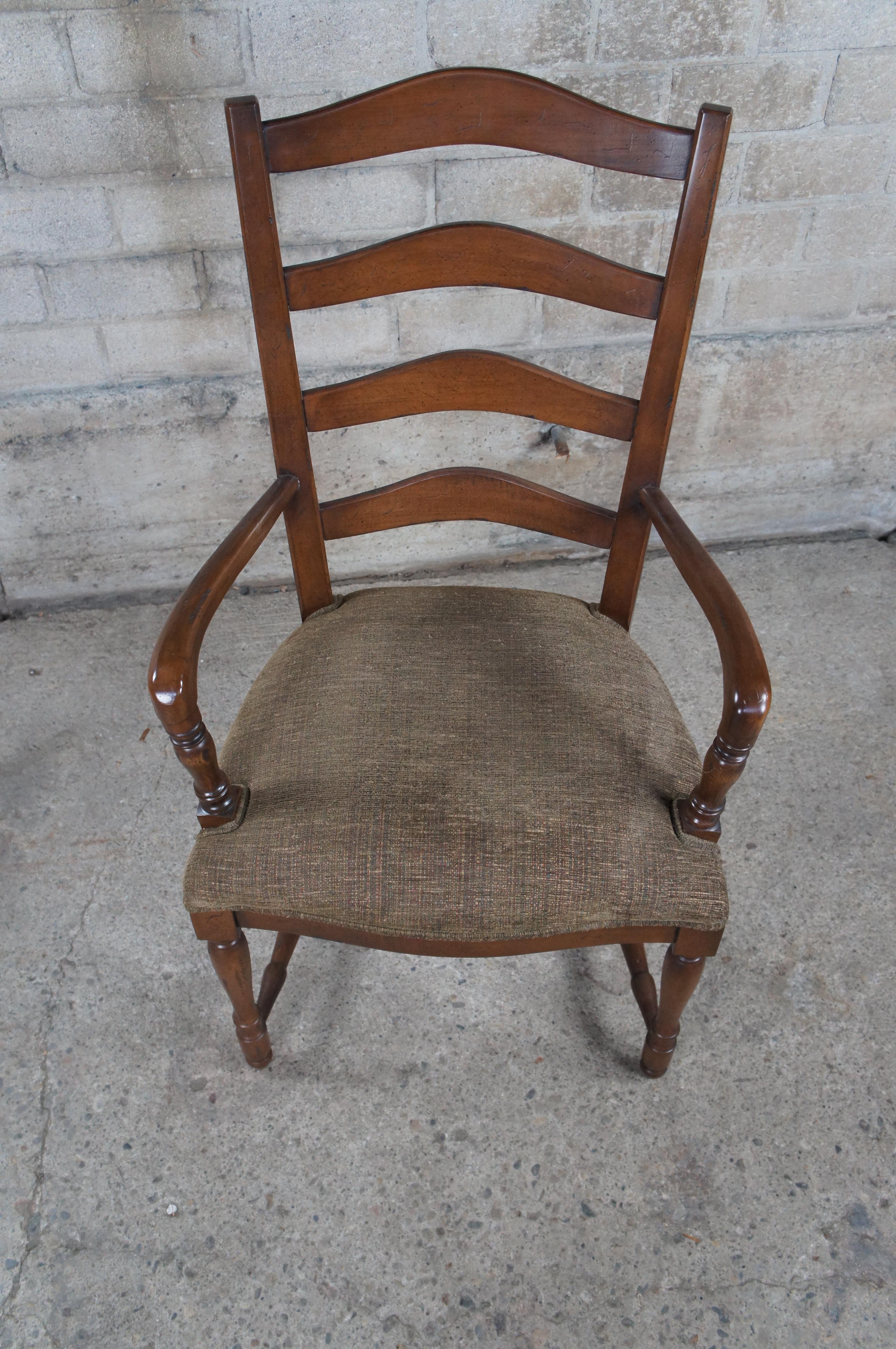 20th Century 4 Vintage Oak Country French Farmhouse Ladderback Upholstered Dining Arm Chairs For Sale