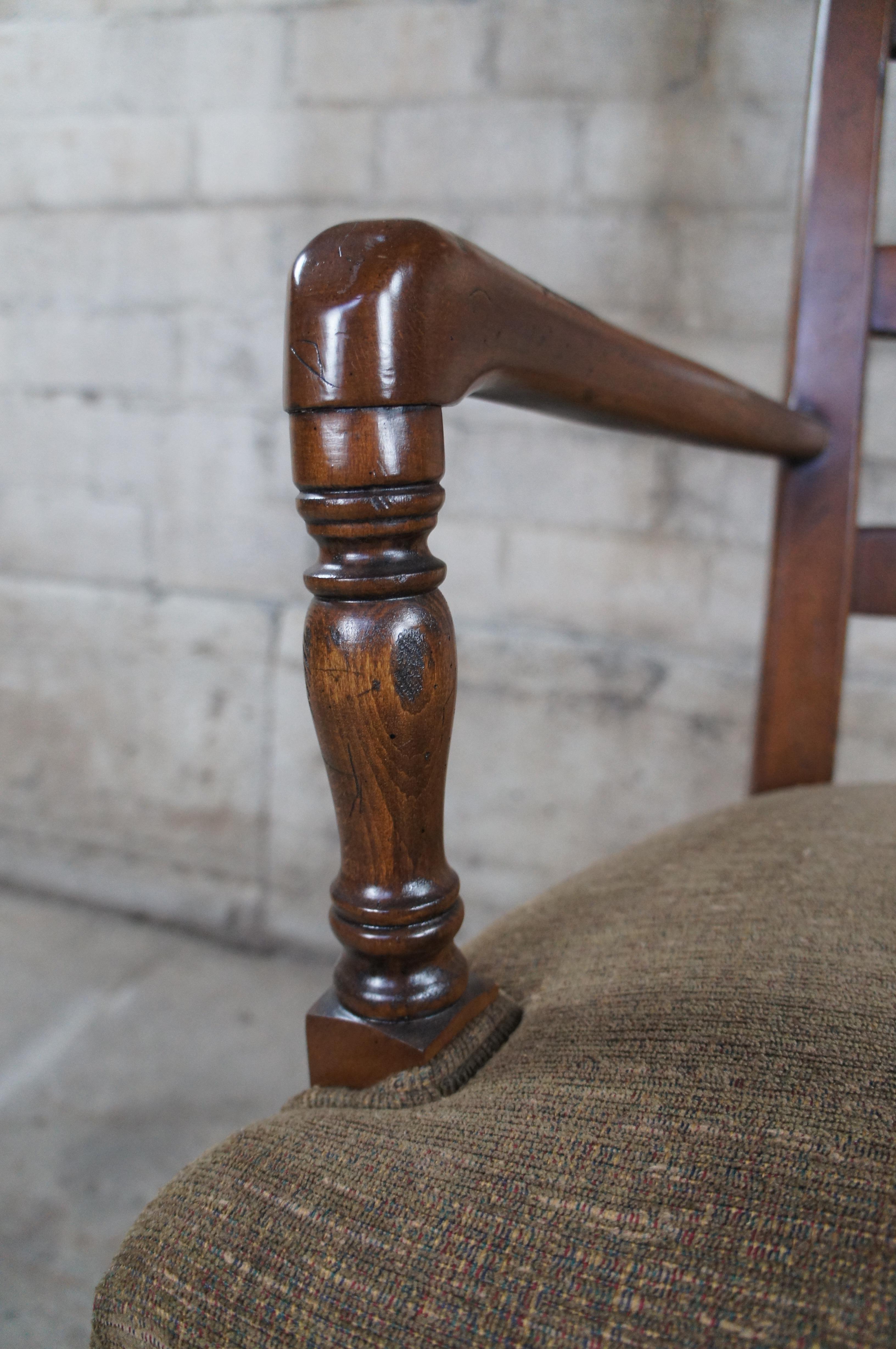 4 Vintage Oak Country French Farmhouse Ladderback Upholstered Dining Arm Chairs For Sale 1