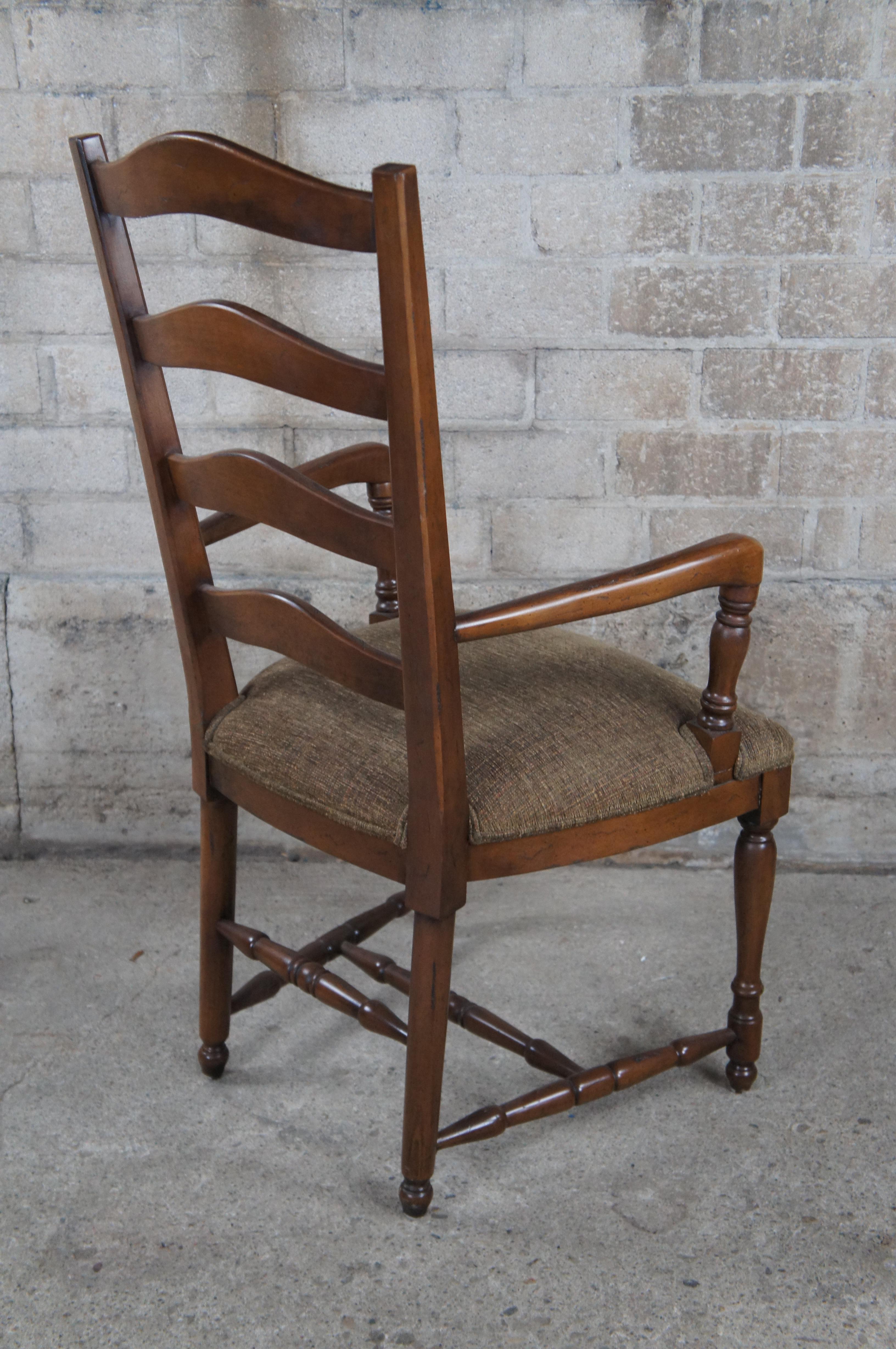 4 Vintage Oak Country French Farmhouse Ladderback Upholstered Dining Arm Chairs  For Sale 4