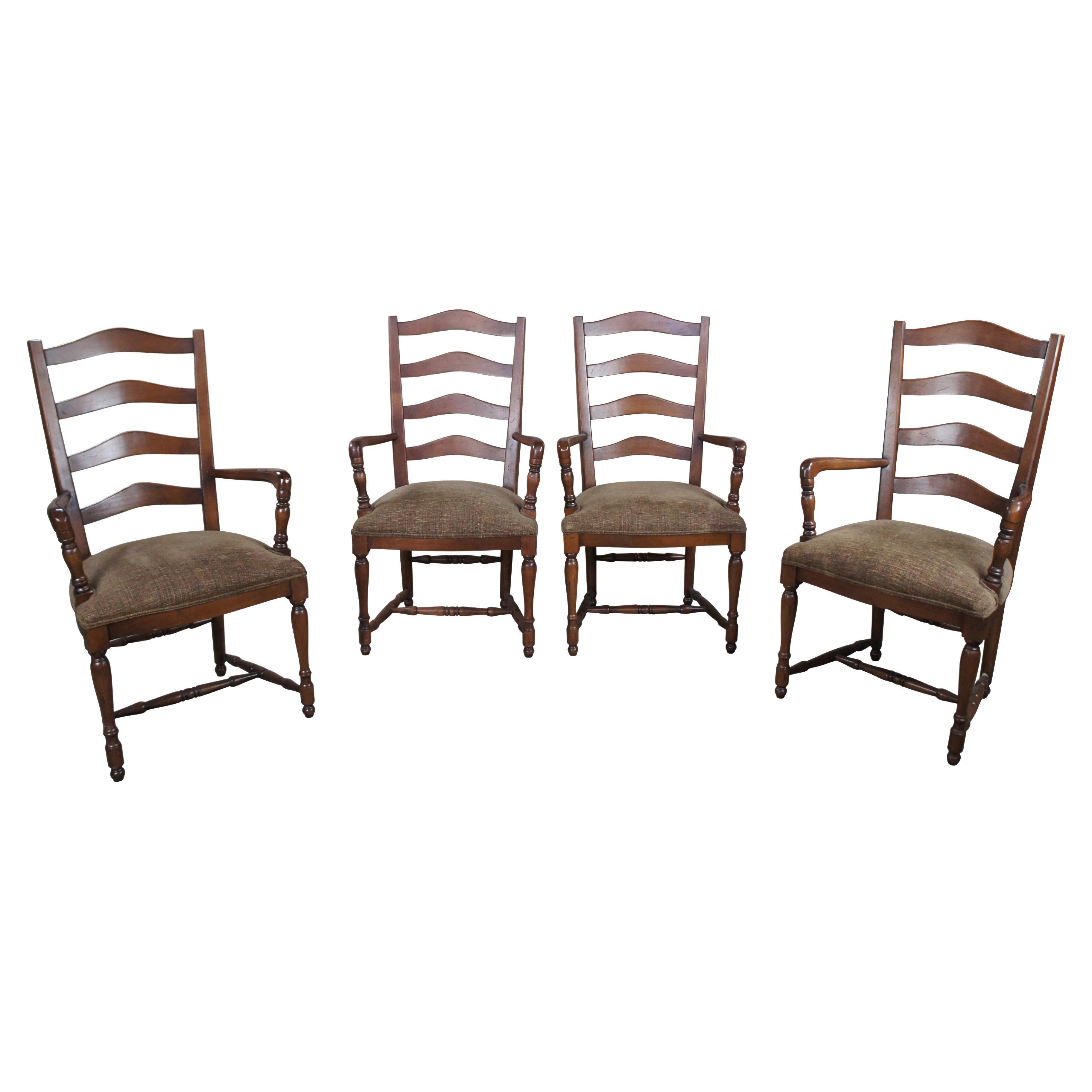 4 Vintage Oak Country French Farmhouse Ladderback Upholstered Dining Arm Chairs  For Sale