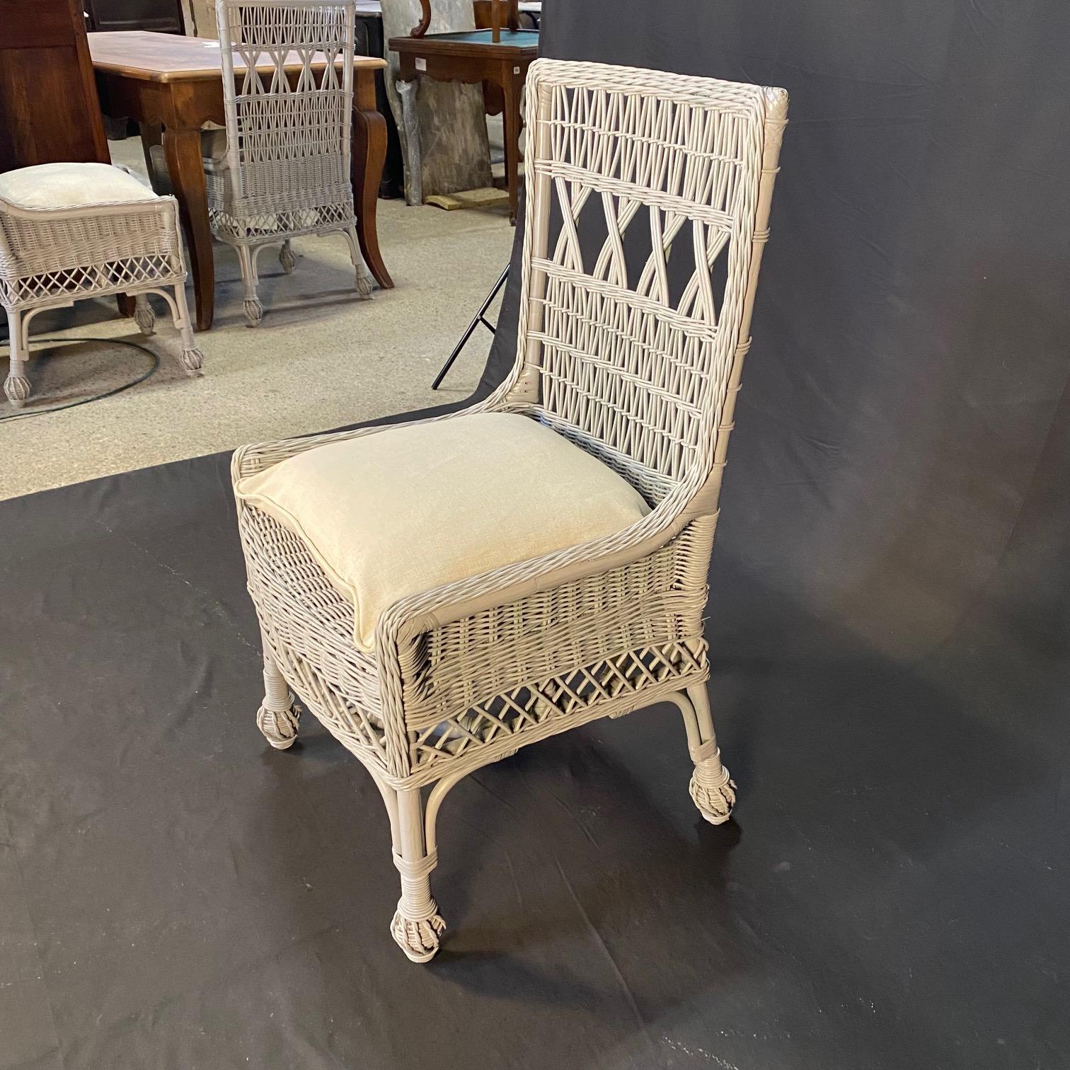 Late 20th Century 4 Vintage Open Weave Classic Coastal Maine Wicker and Bamboo Dining Chairs
