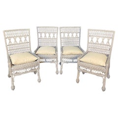 4 Vintage Open Weave Classic Coastal Maine Wicker and Bamboo Dining Chairs