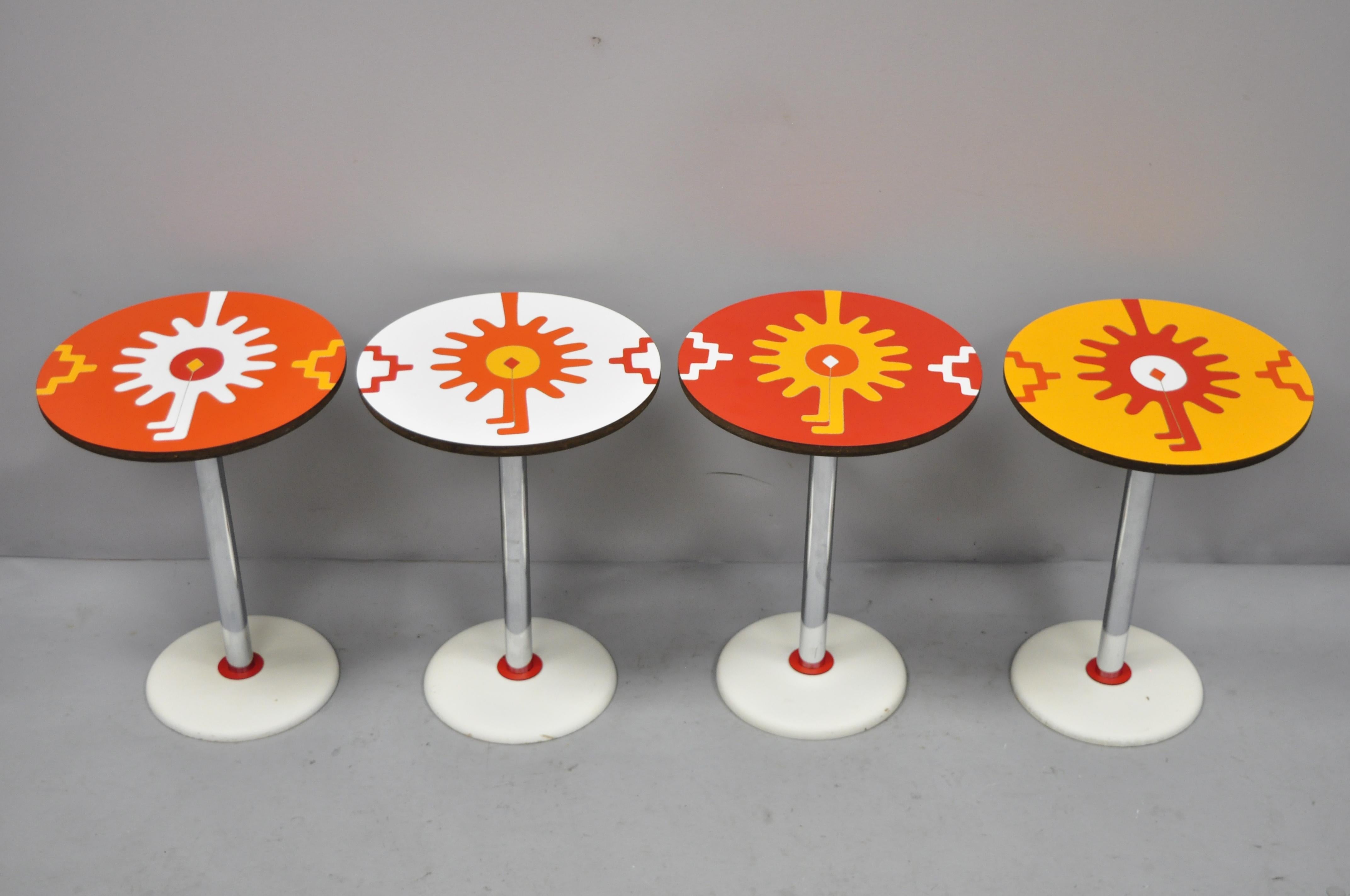 4 Vintage Orange Yellow White Geometric Pattern Round Side Tables by R. Johnson For Sale 3
