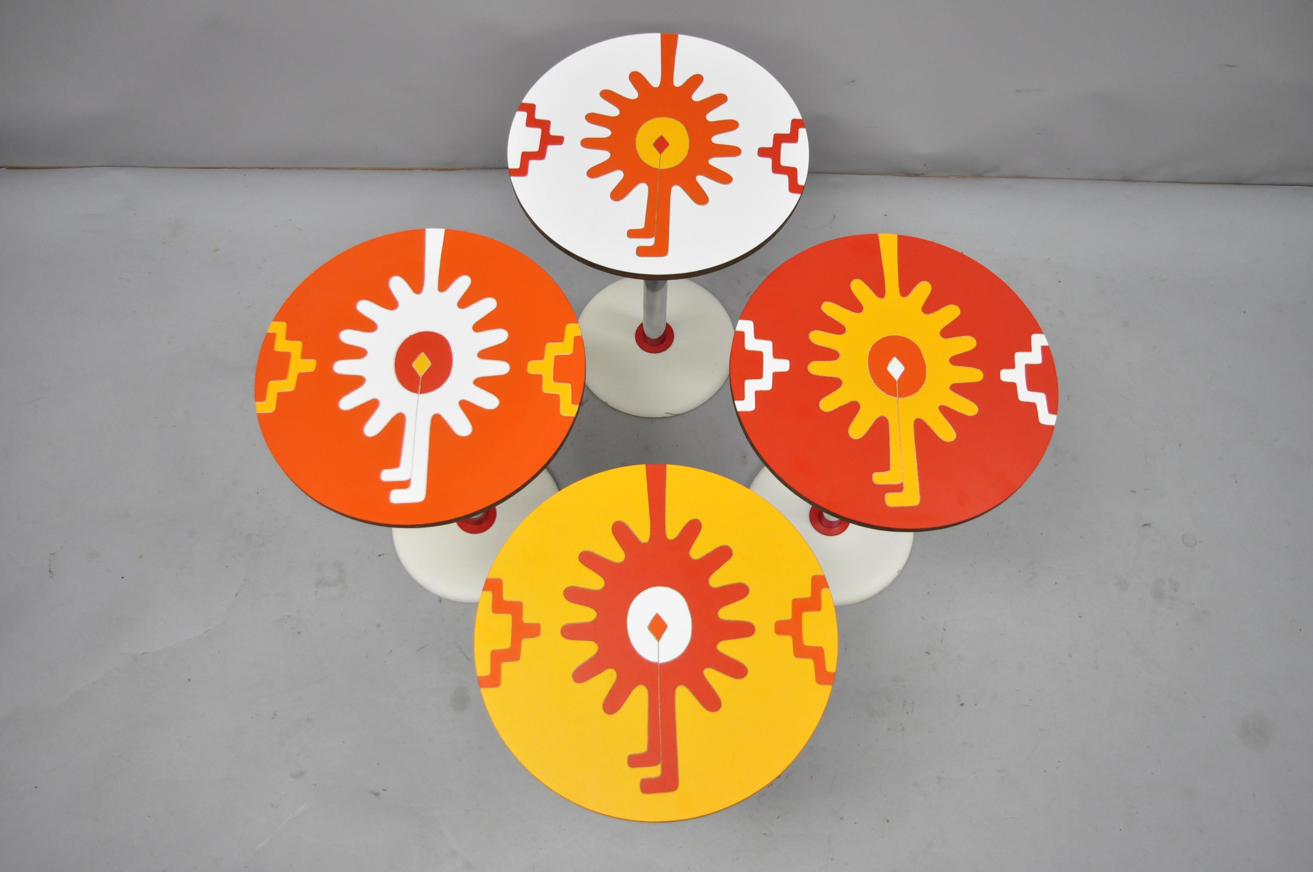 Mid-Century Modern 4 Vintage Orange Yellow White Geometric Pattern Round Side Tables by R. Johnson For Sale
