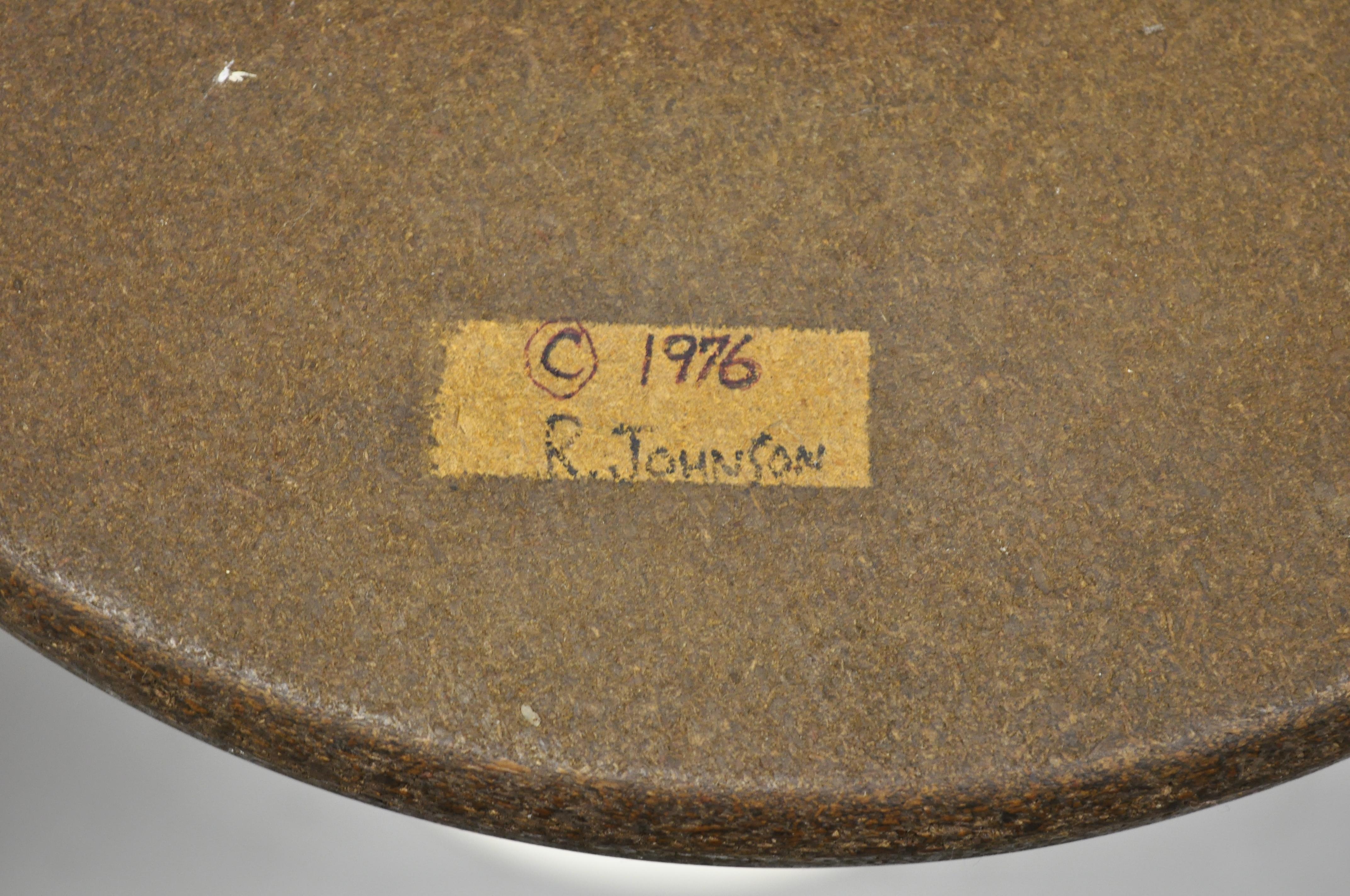 Metal 4 Vintage Orange Yellow White Geometric Pattern Round Side Tables by R. Johnson For Sale