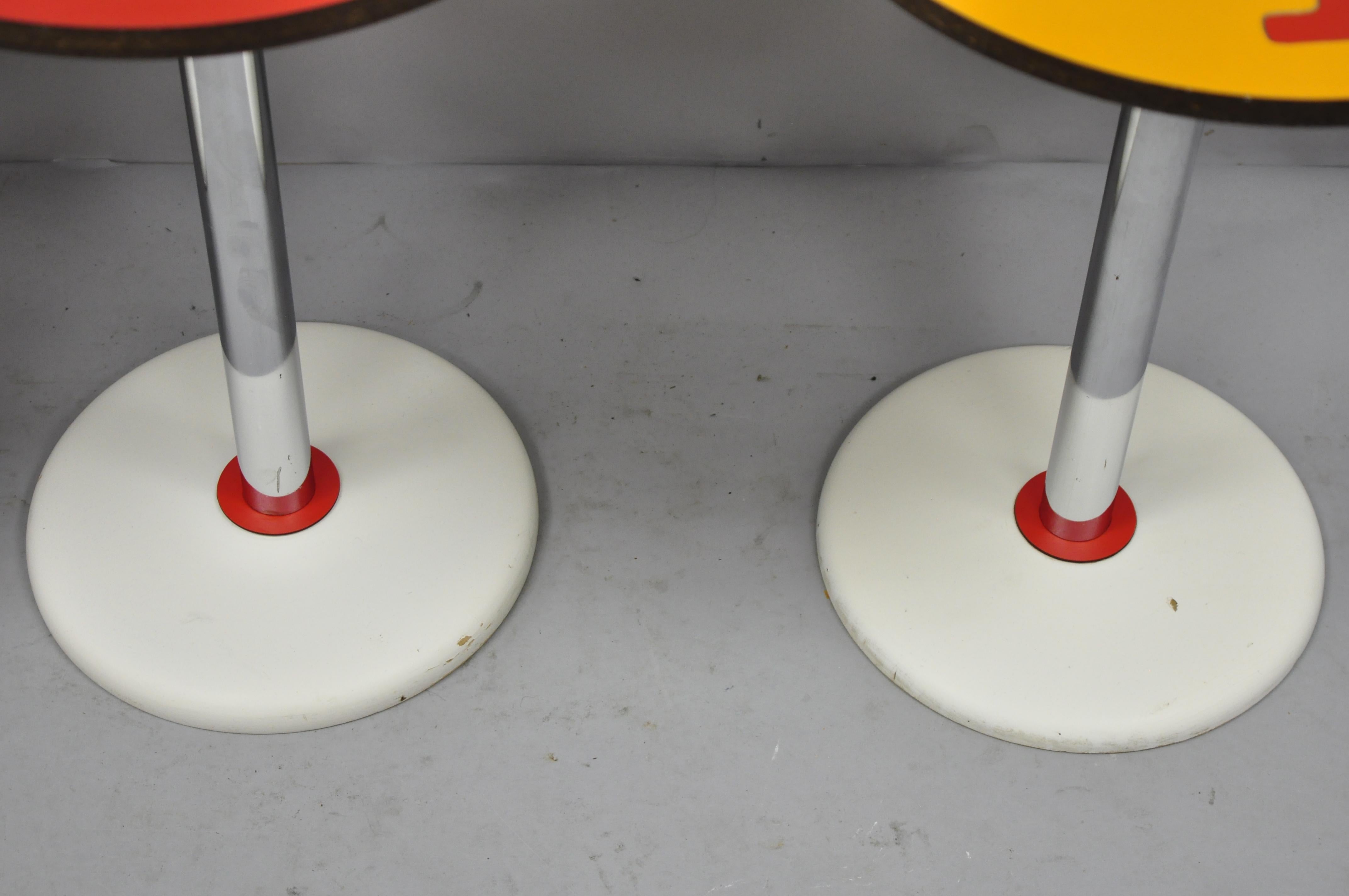 4 Vintage Orange Yellow White Geometric Pattern Round Side Tables by R. Johnson For Sale 1
