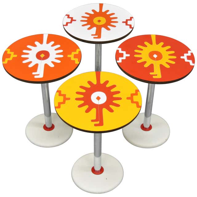 4 Vintage Orange Yellow White Geometric Pattern Round Side Tables by R ...