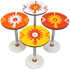 4 Retro Orange Yellow White Geometric Pattern Round Side Tables by R. Johnson