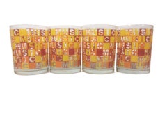 4 Vintage Rocks Glasses with the Word Music Repeated Horizontally & Vertically
