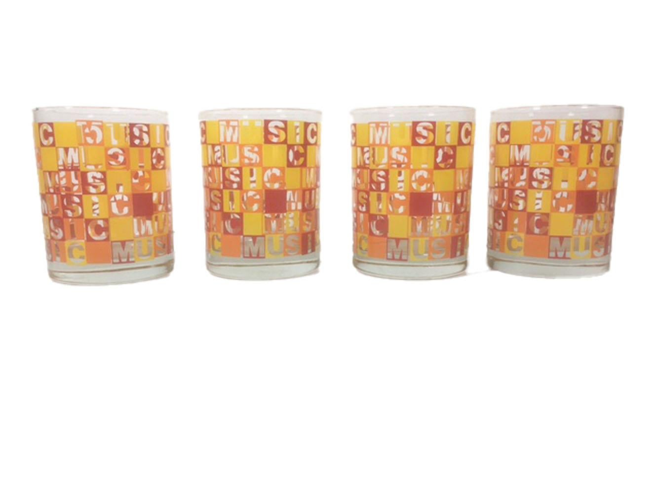 Mid-Century Modern 4 Vintage Rocks Glasses with the Word Music Repeated Horizontally & Vertically For Sale