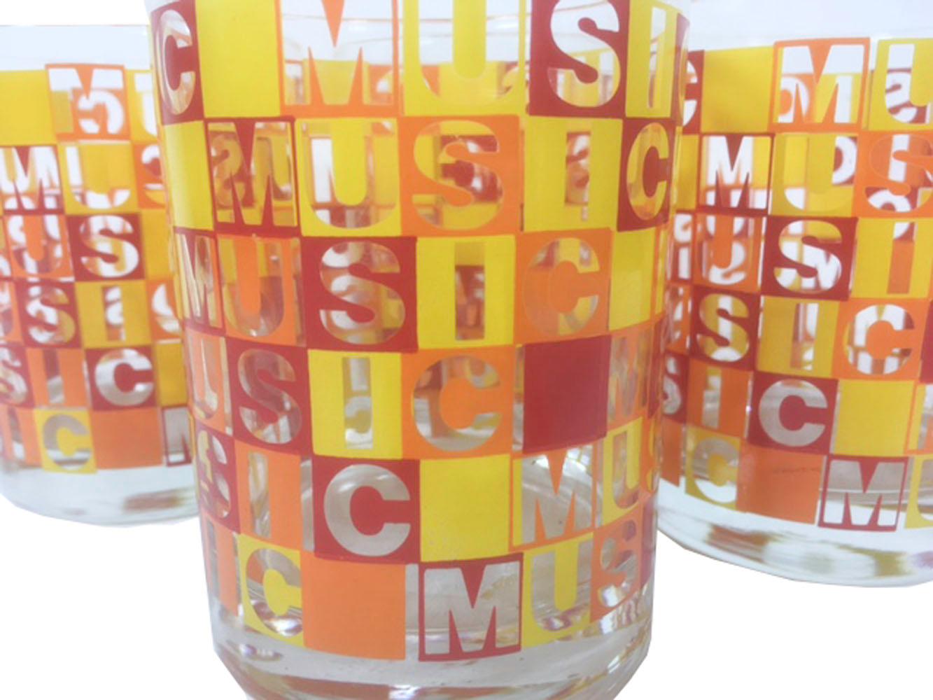 American 4 Vintage Rocks Glasses with the Word Music Repeated Horizontally & Vertically For Sale