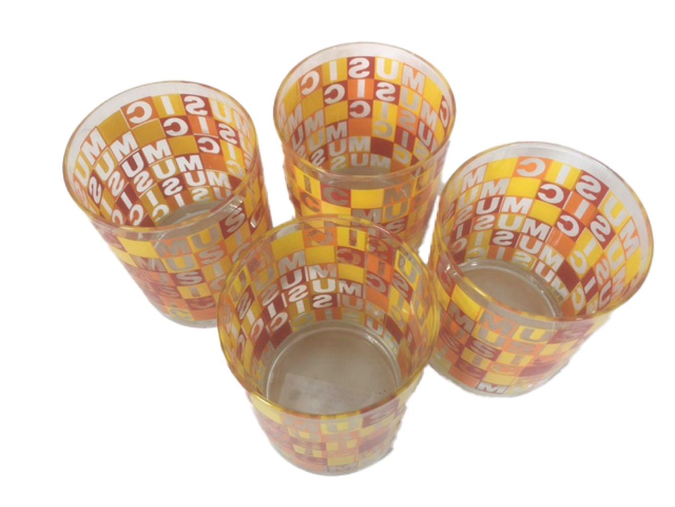 4 Vintage Rocks Glasses with the Word Music Repeated Horizontally & Vertically In Good Condition For Sale In Nantucket, MA