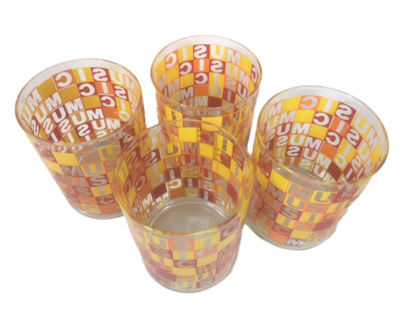 20th Century 4 Vintage Rocks Glasses with the Word Music Repeated Horizontally & Vertically For Sale