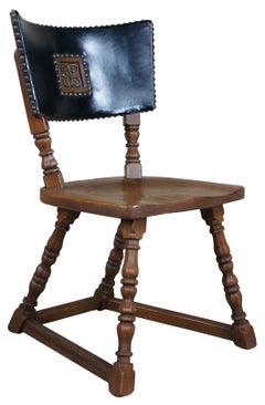 4 Vintage Romweber Viking Carved Oak Leather Dining Poker Game Pub Chairs