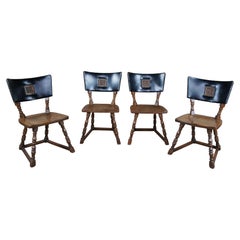 4 Vintage Romweber Viking Carved Oak Leather Dining Poker Game Pub Chairs