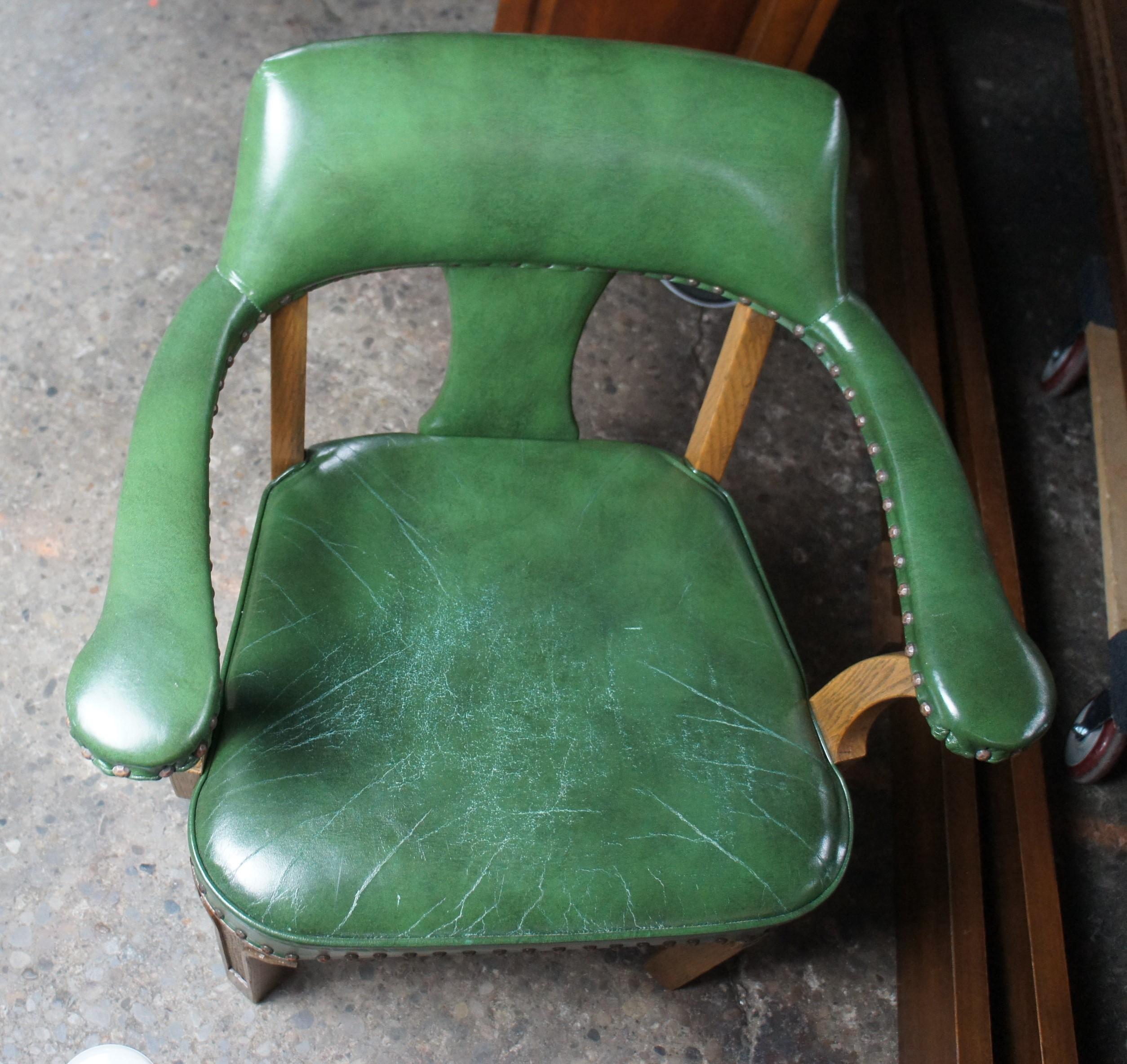 4 Vintage Romweber Viking Oak Green Leather Barrel Back Game Card Bank Chairs 7