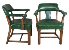 4 Vintage Romweber Viking Oak Green Leather Barrel Back Game Card Bank Chairs