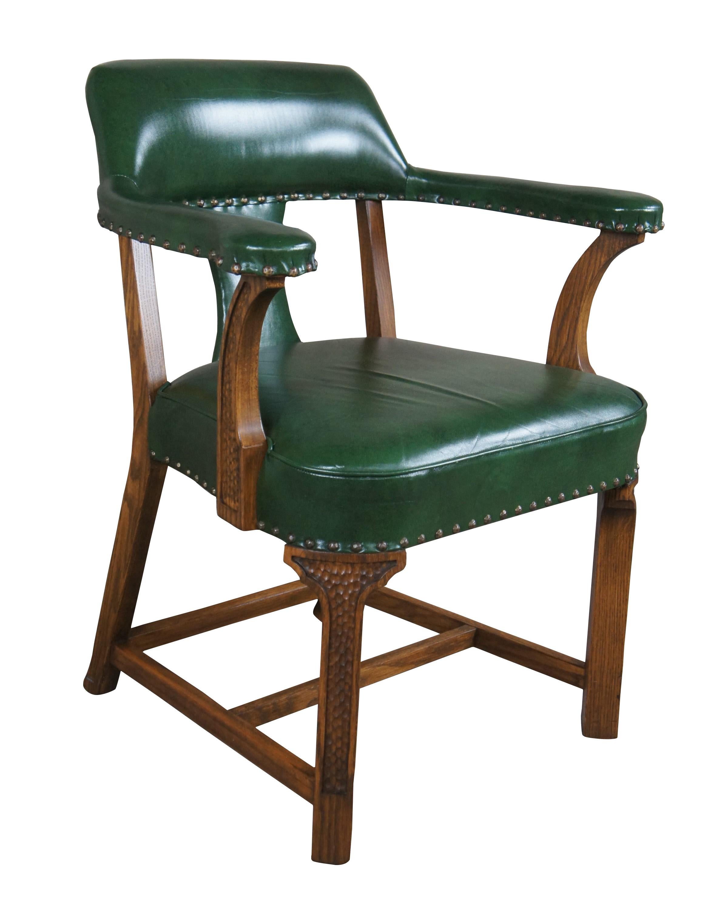 Mid-Century Modern 4 Vintage Romweber Viking Oak Green Leather Barrel Back Game Card Bank Chairs