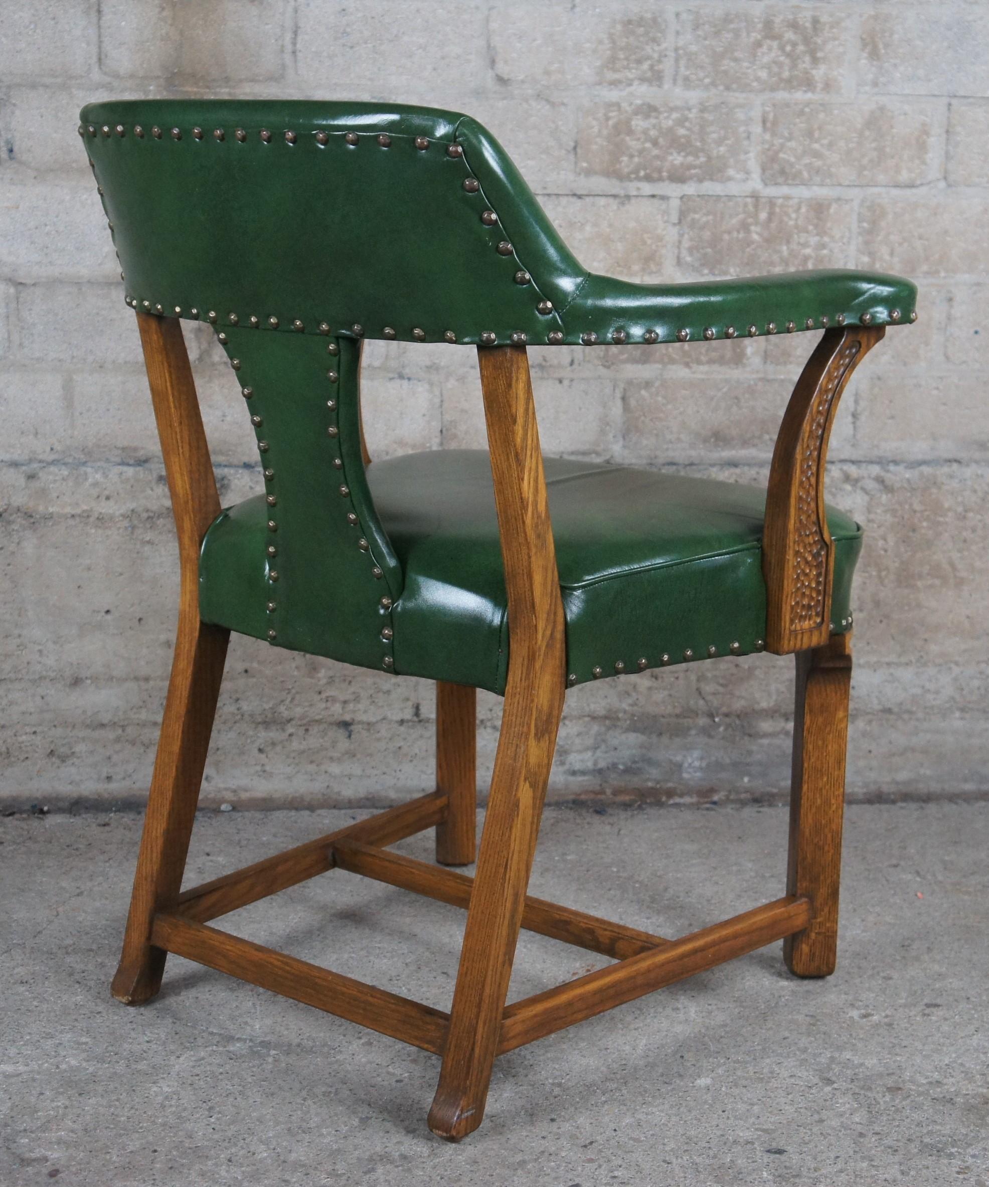 4 Vintage Romweber Viking Oak Green Leather Barrel Back Game Card Bank Chairs In Good Condition In Dayton, OH