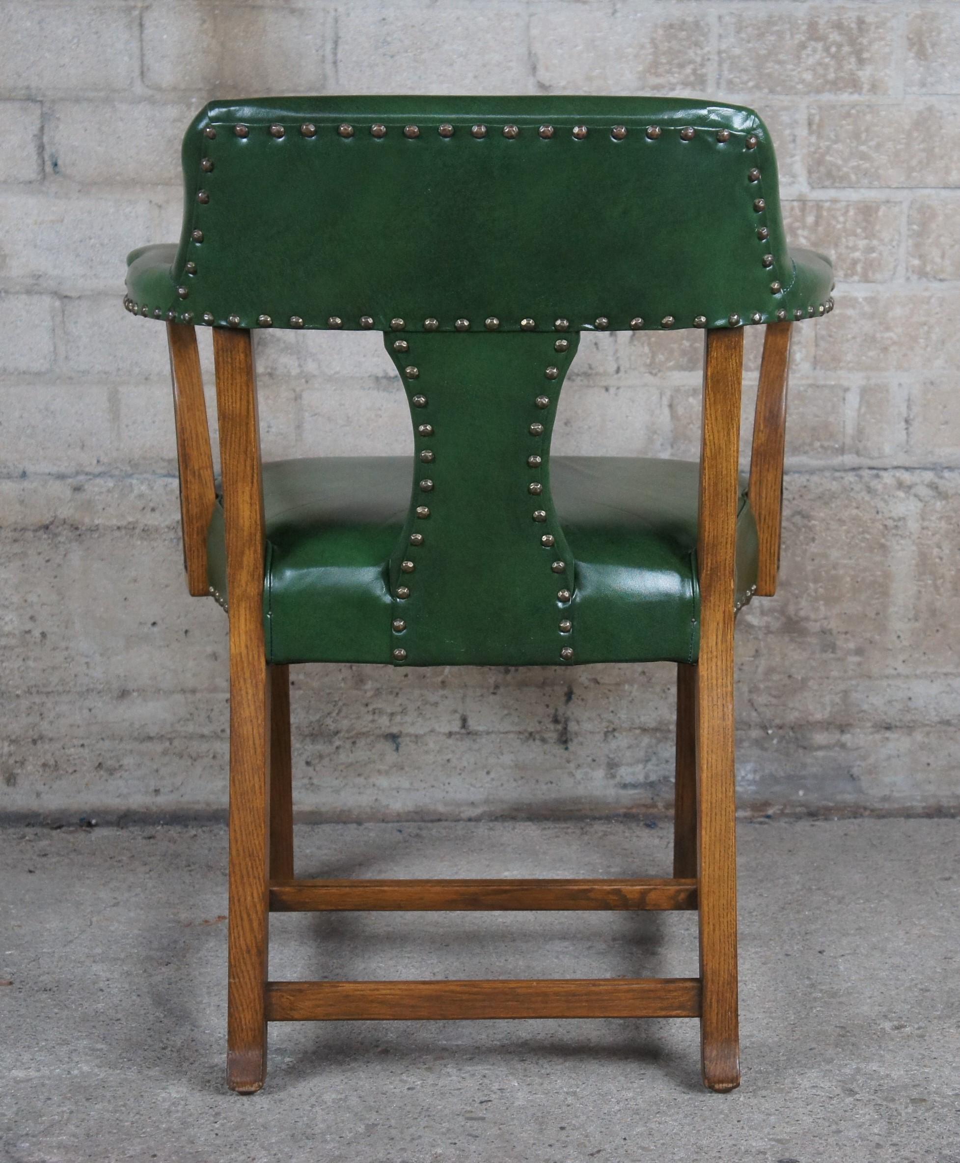 Late 20th Century 4 Vintage Romweber Viking Oak Green Leather Barrel Back Game Card Bank Chairs